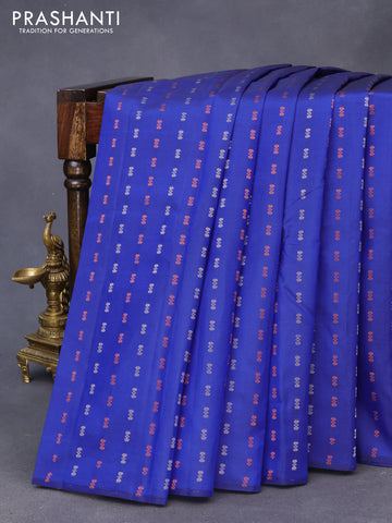 Pure kanchipuram silk saree blue and teal blue with silver & gold zari woven buttas in borderless style