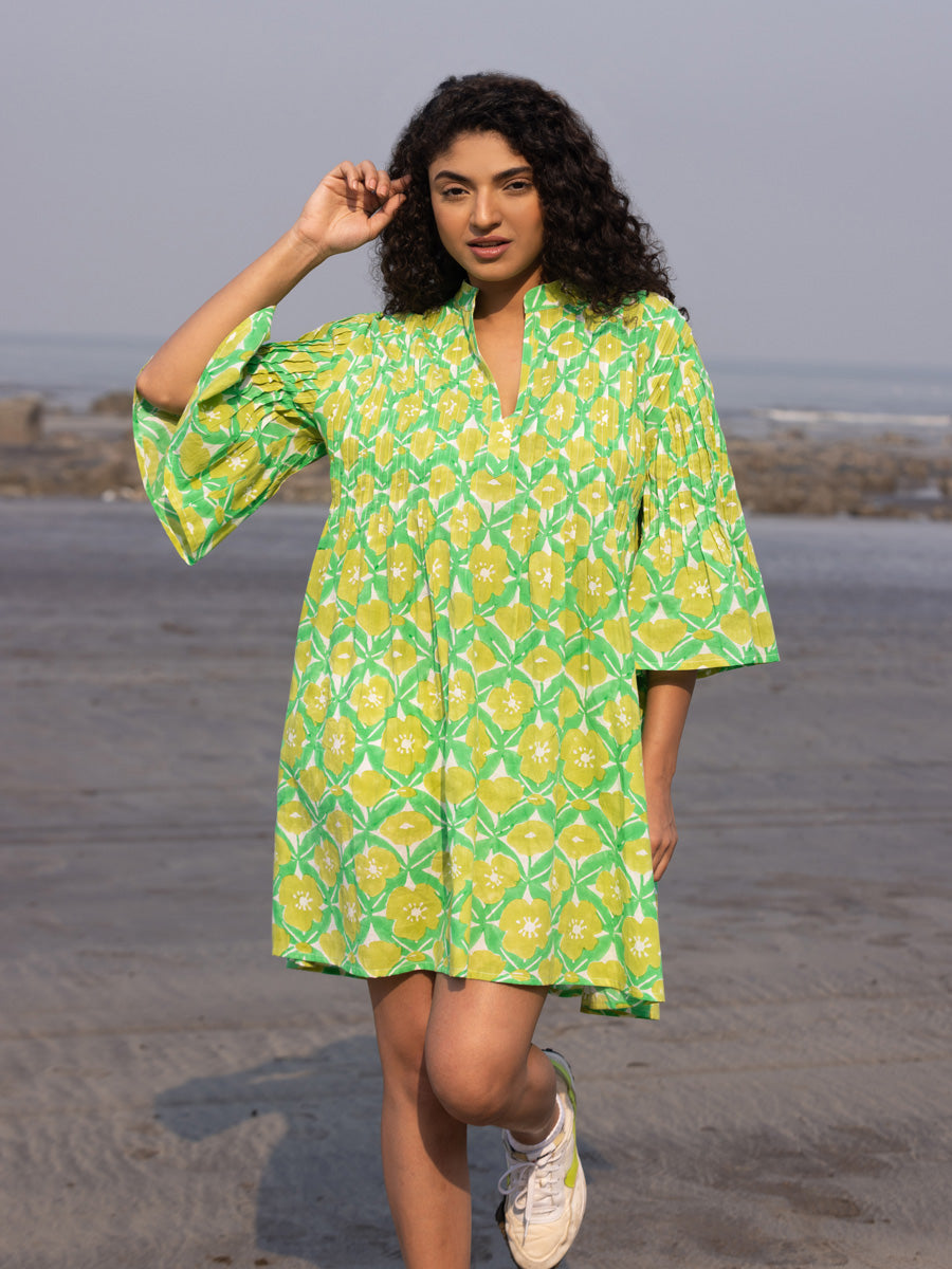 Claire Hand Block Printed Cotton Pintuck Dress