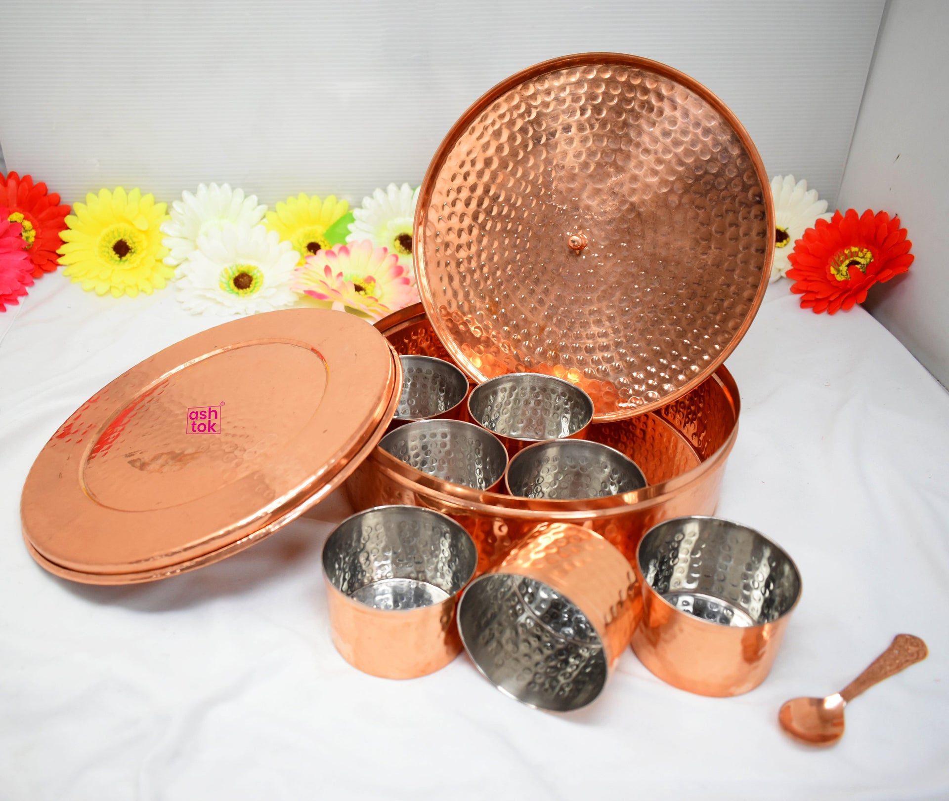 Copper Masala Spice Box with Khalai (tin) Inside Bowls, Masala containers for Kitchen