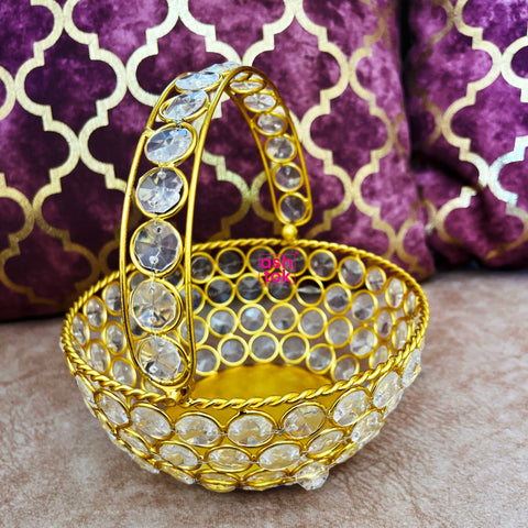 Crystal Basket Gift Item, Gold Coated Flower Basket (Dia 6 Inches)