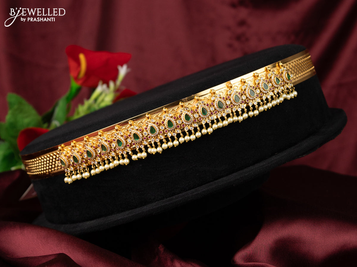 Antique self embosse hip belt with kemp & cz stones and pearl hangings