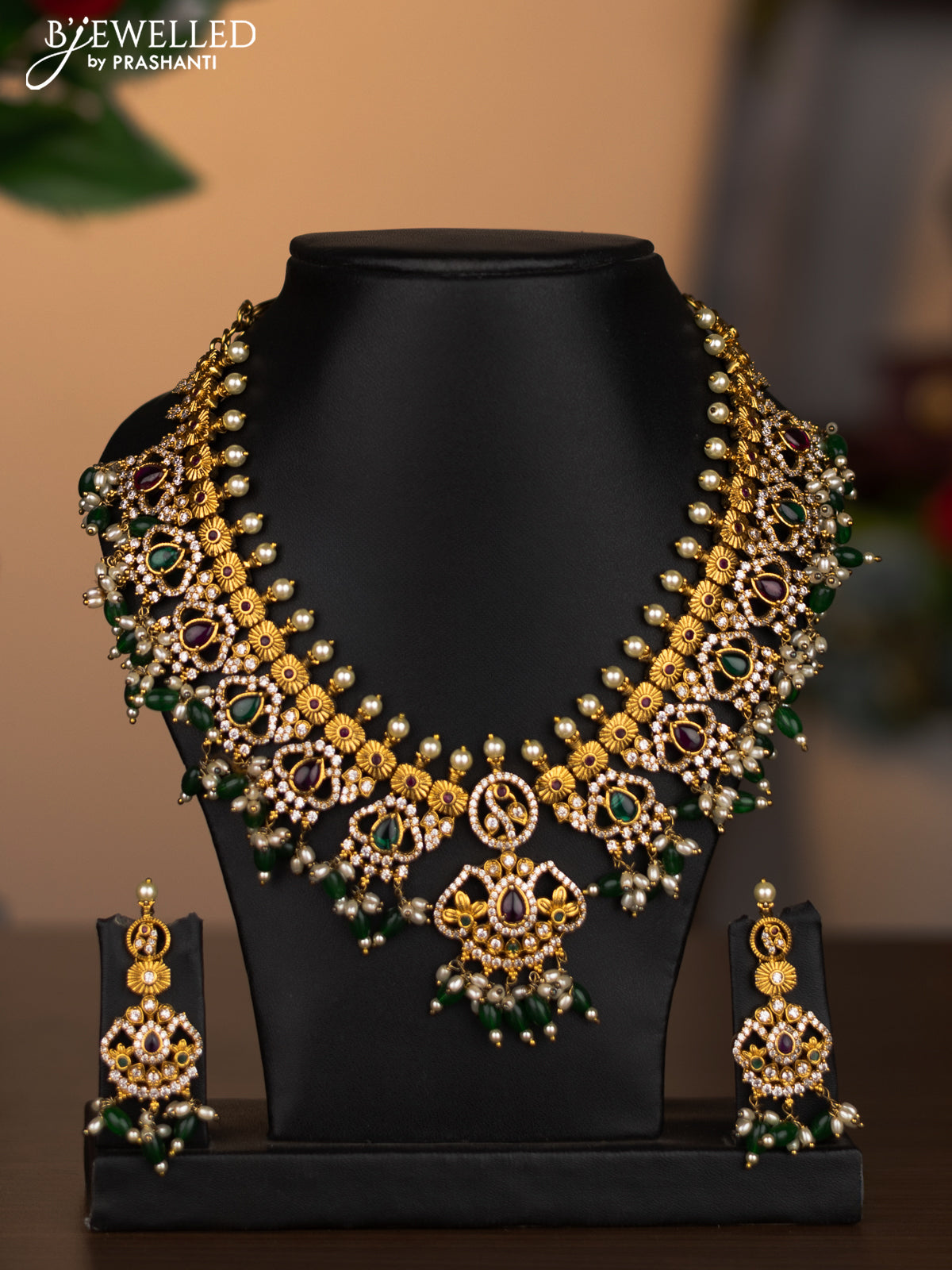 Antique necklace with kemp & cz stones and pearl & green beads hanging