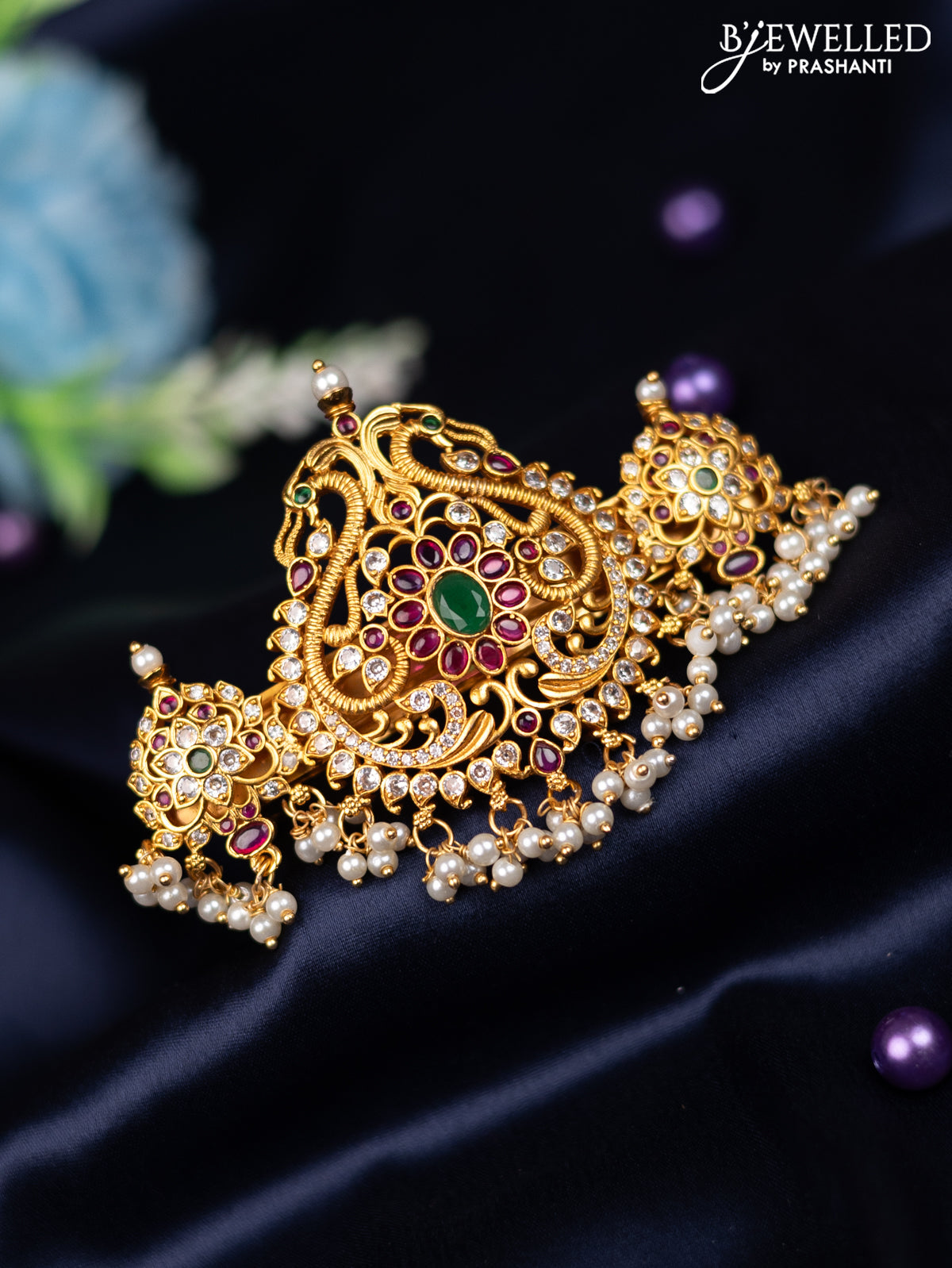 Antique hair clip medium size peacock design with kemp & cz stones and pearl hangings