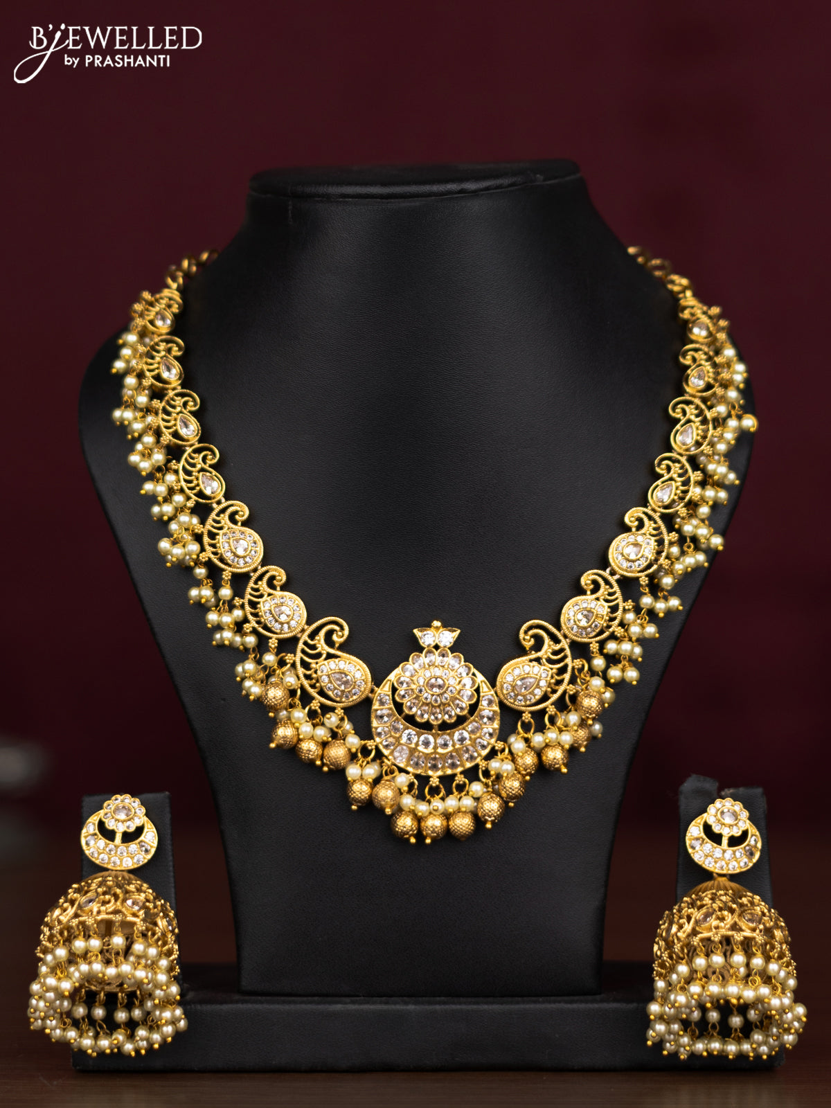 Antique guttapusalu necklace chandbali & maanga pattern with cz stones and pearl hangings