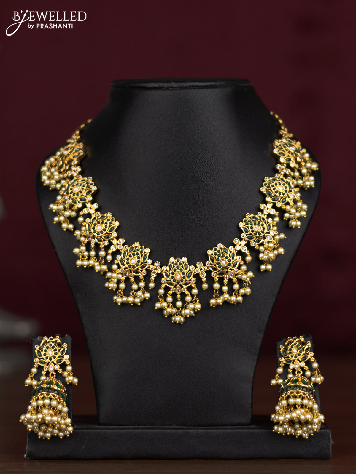 Antique guttapusalu necklace floral design with emerald & cz stones and pearl hangings