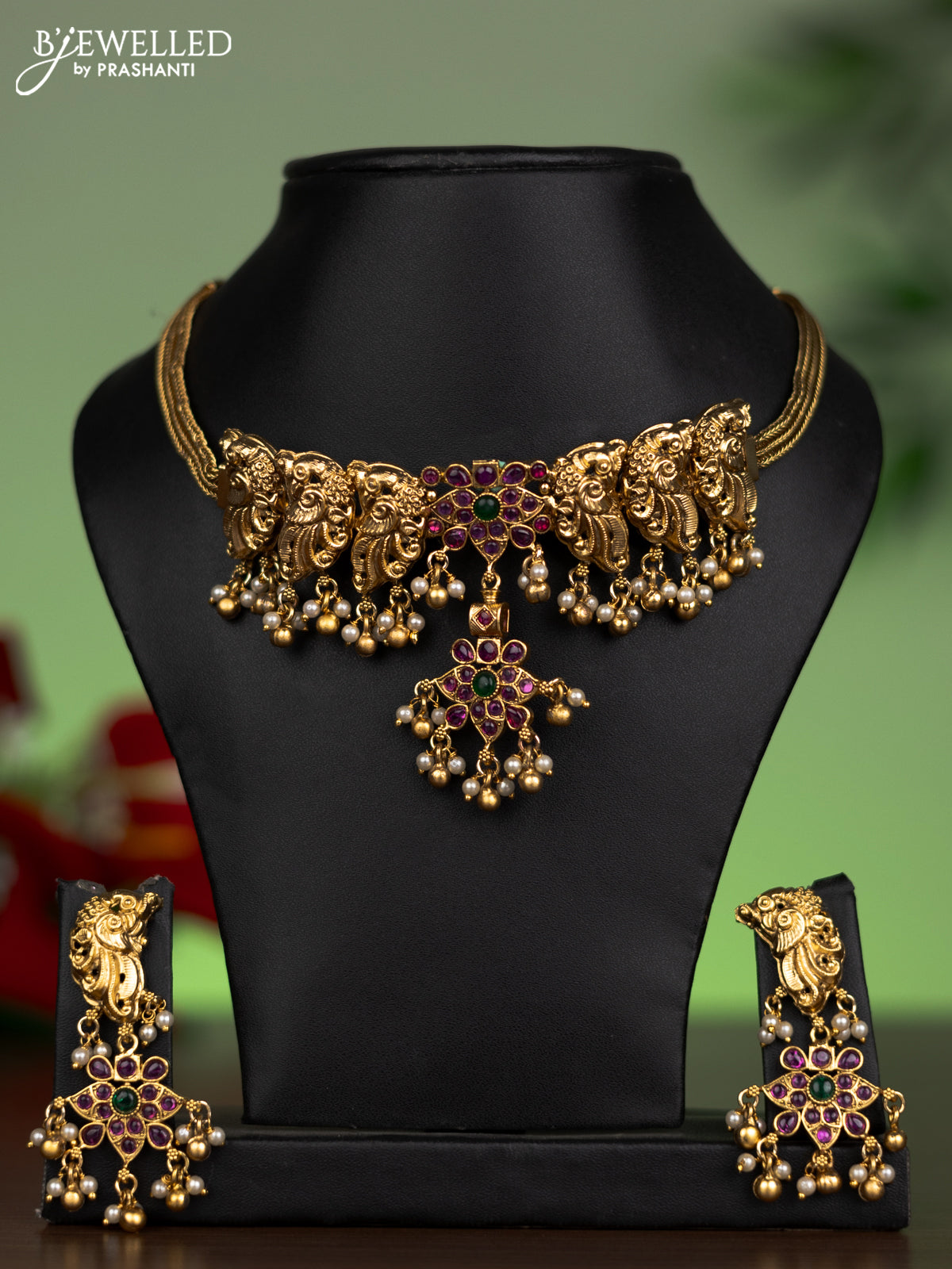 Antique attigai necklace peacock design with kemp stones and pearl hanging