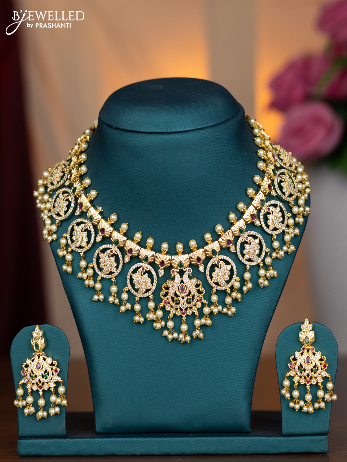 Antique necklace peacock design with kemp & cz stones and pearl hangings