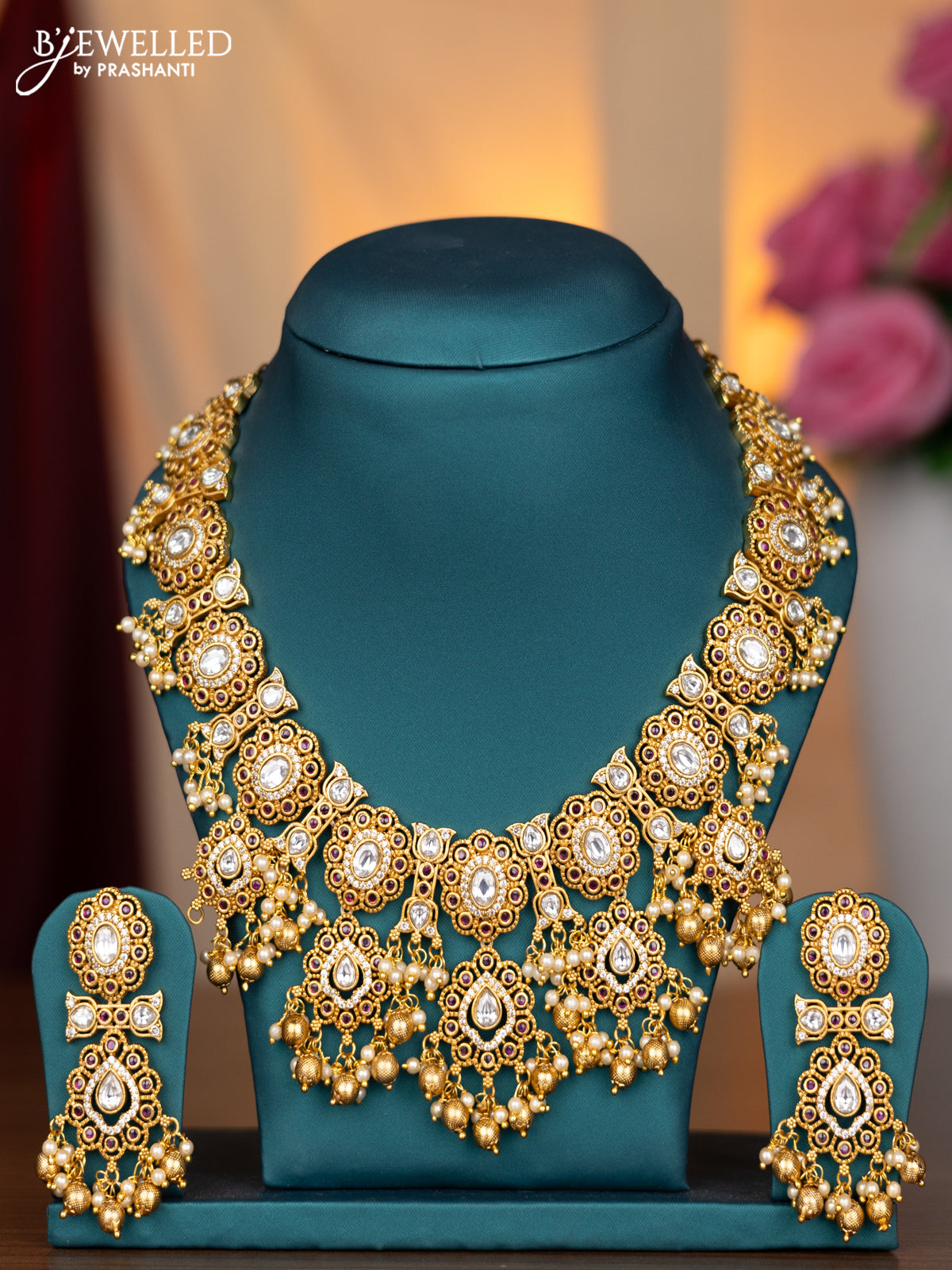 Antique necklace with pink kemp & cz stones and pearl hangings