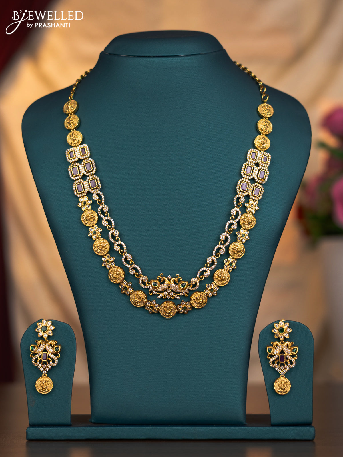 Antique necklace lakshmi kasu & peacock design with kemp and cz stones