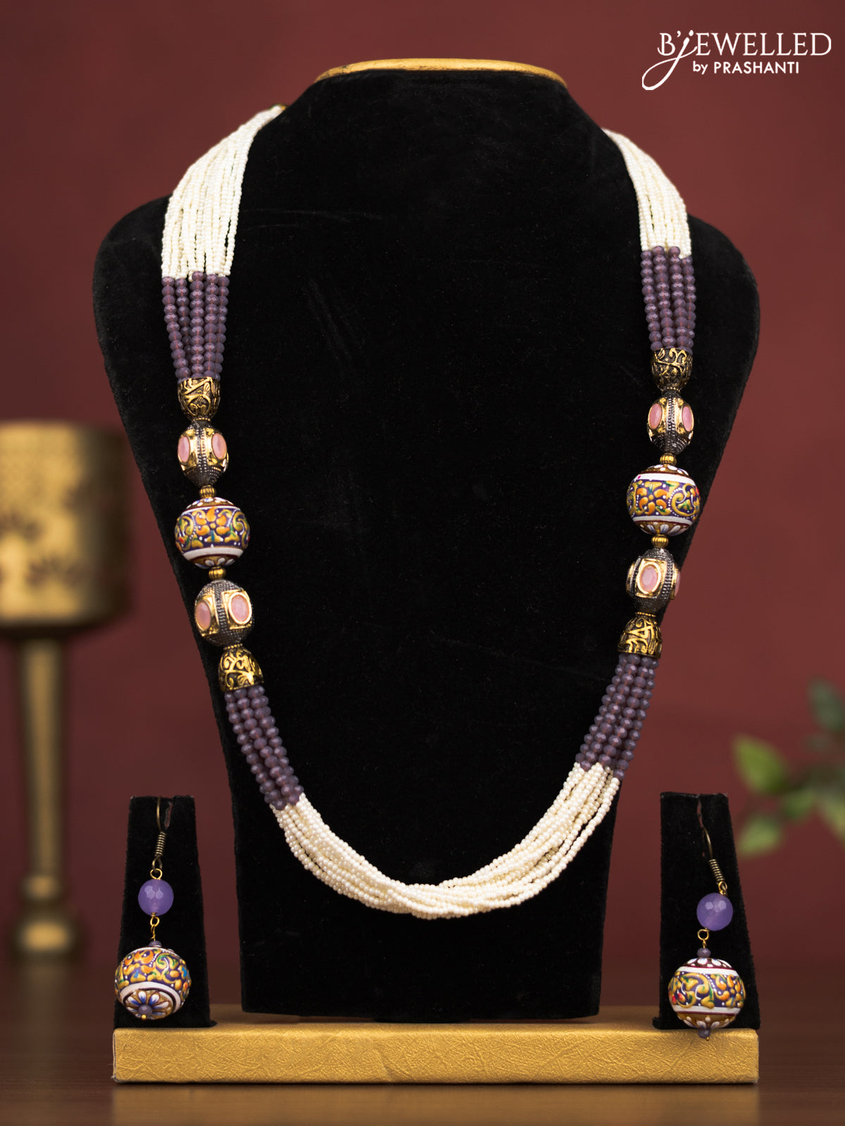 Jaipur crystal beaded white and lavender necklace with minakari balls and with earrings