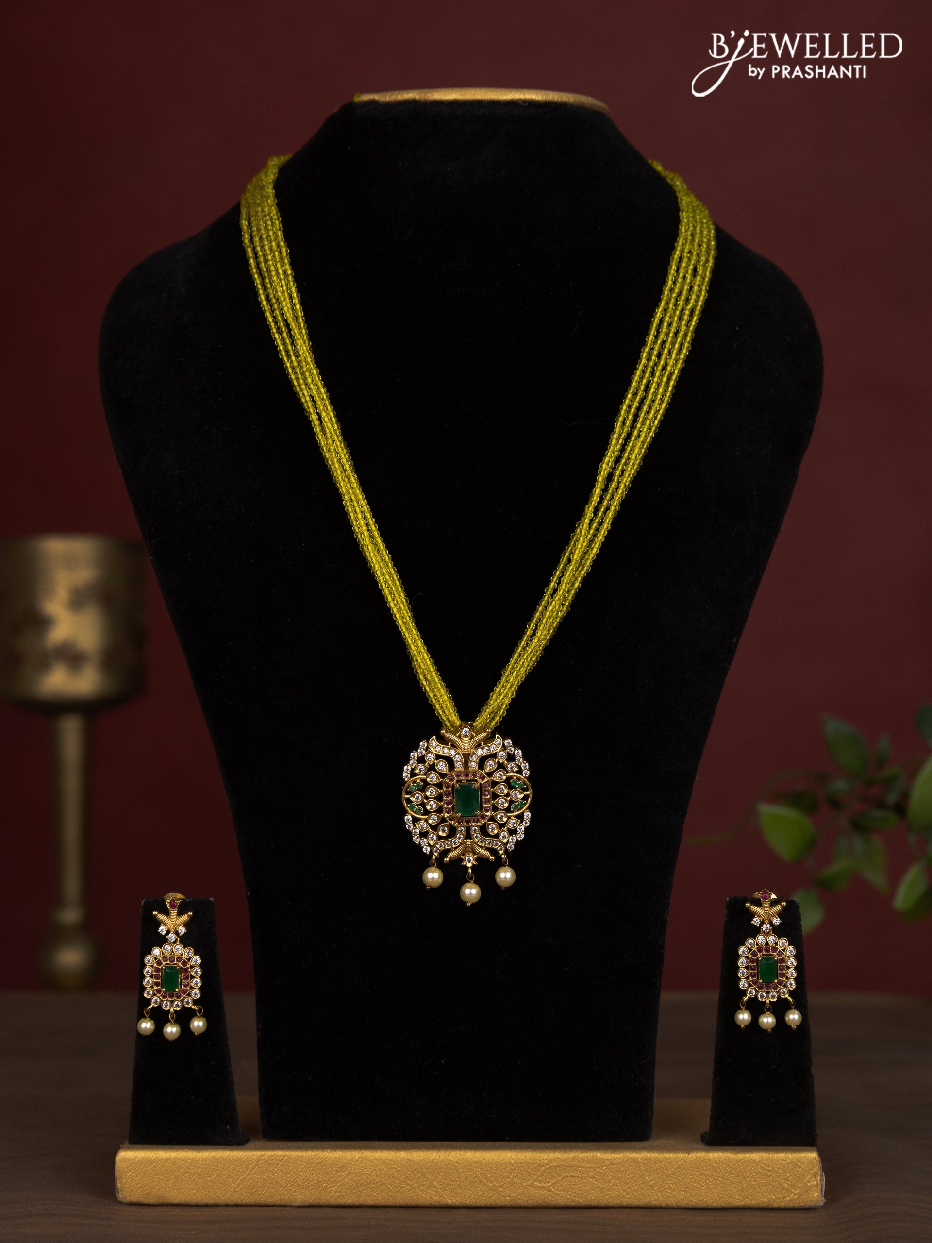 Jaipur crystal beaded multilayer yellow necklace with ruby and cz stones