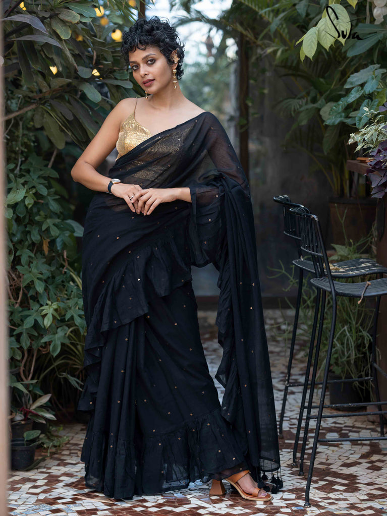 Welcome Bharat Present Women Blended Fabric Microfiber Saree Shapewear  Petticoat (Black), S