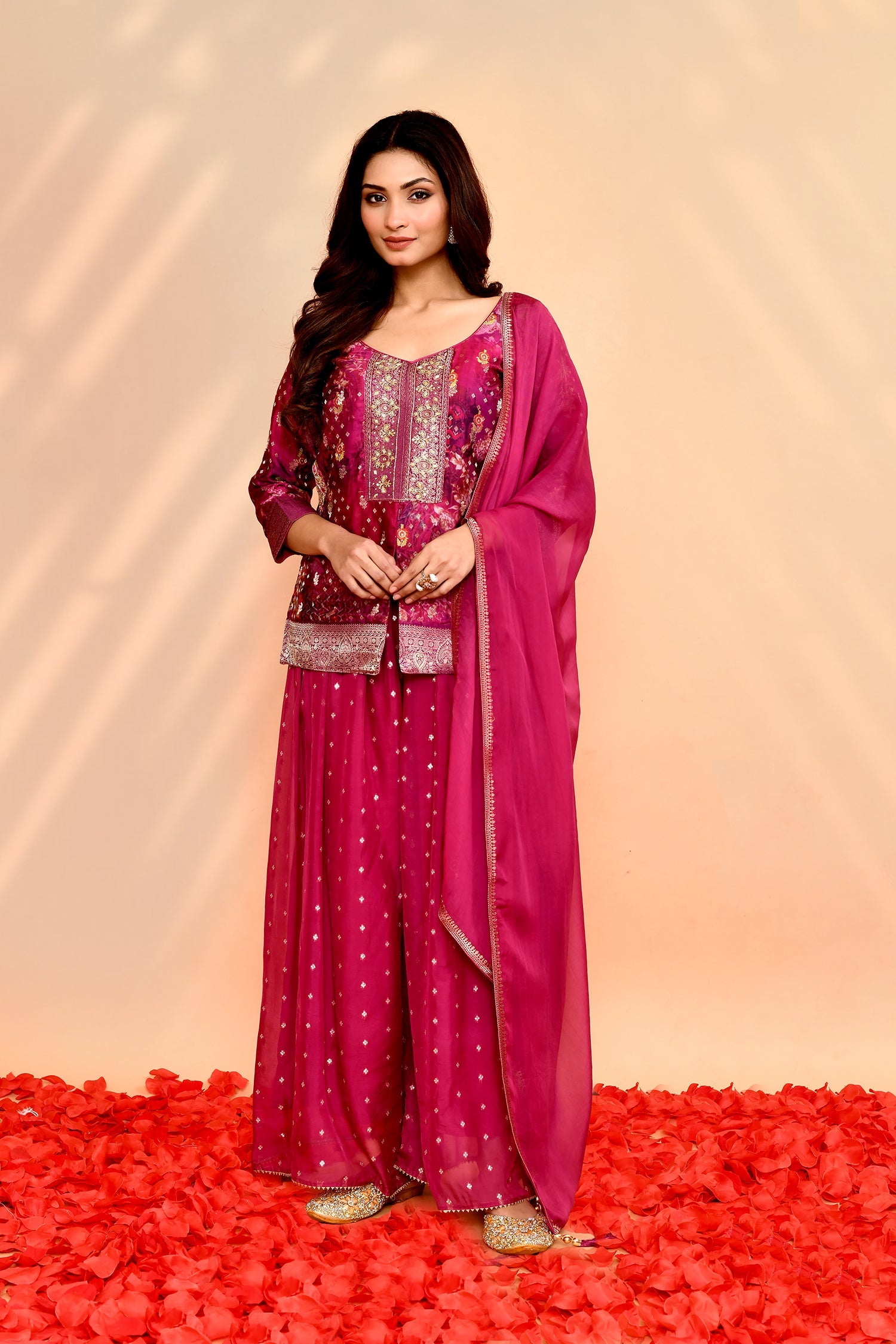 Deep Pink Georgette Floral Sharara Set
