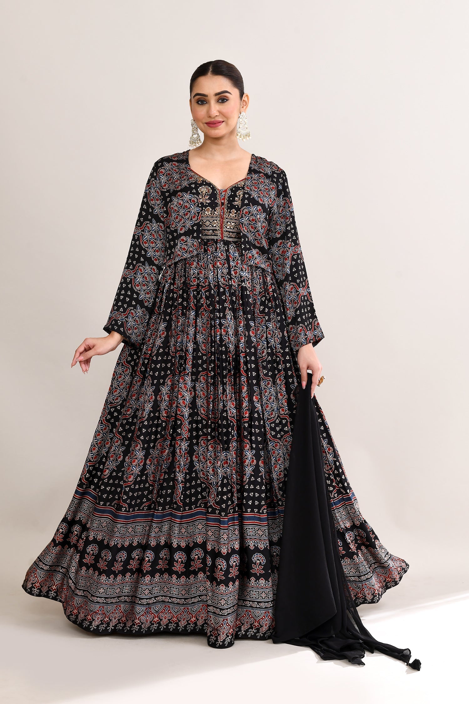 Black Cotton Silk Ajrakh Printed Anarkali Set