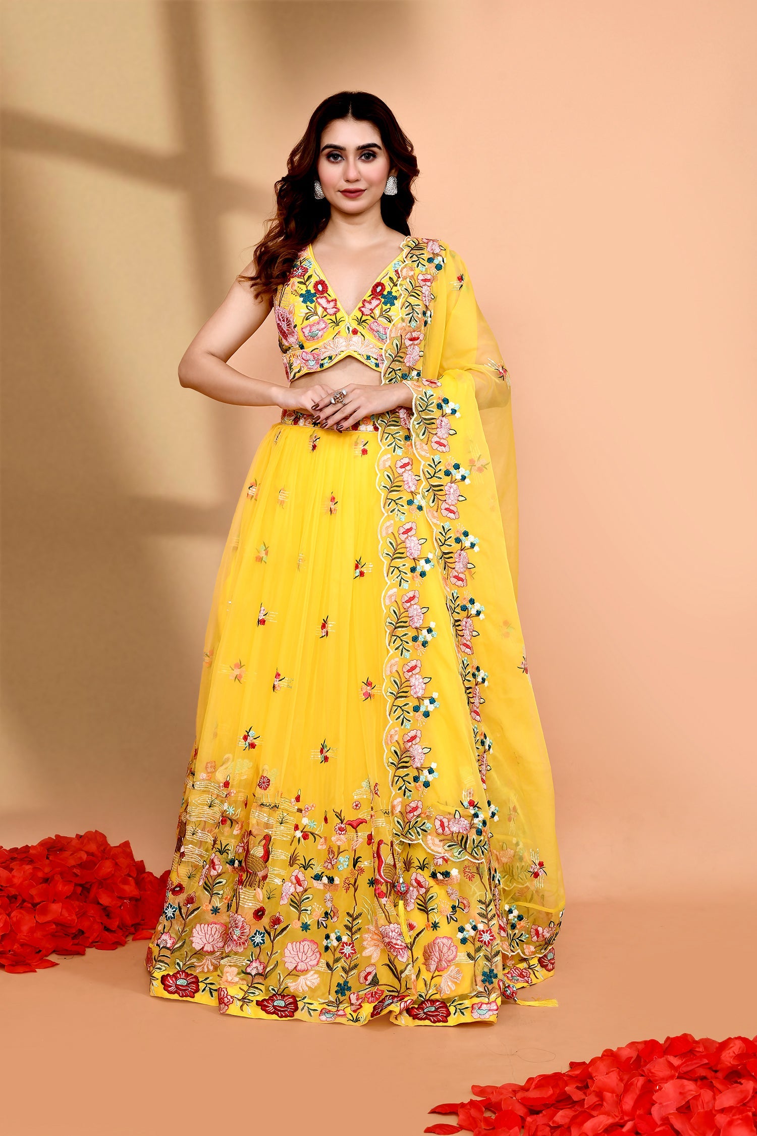 Bright Yellow Organza Floral Lehenga Set