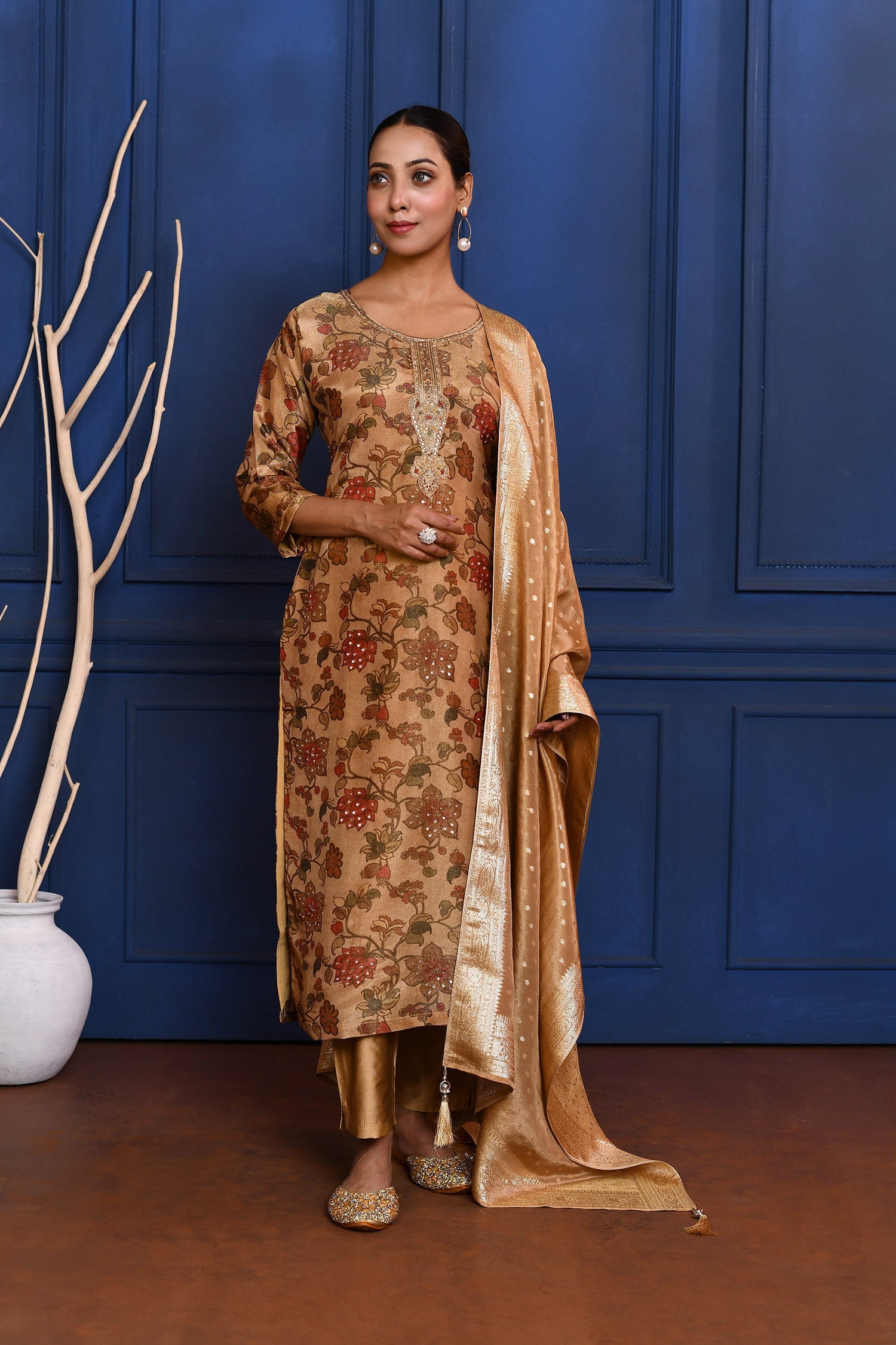 Earthy Gold Floral Printed Tissue Kurta Set
