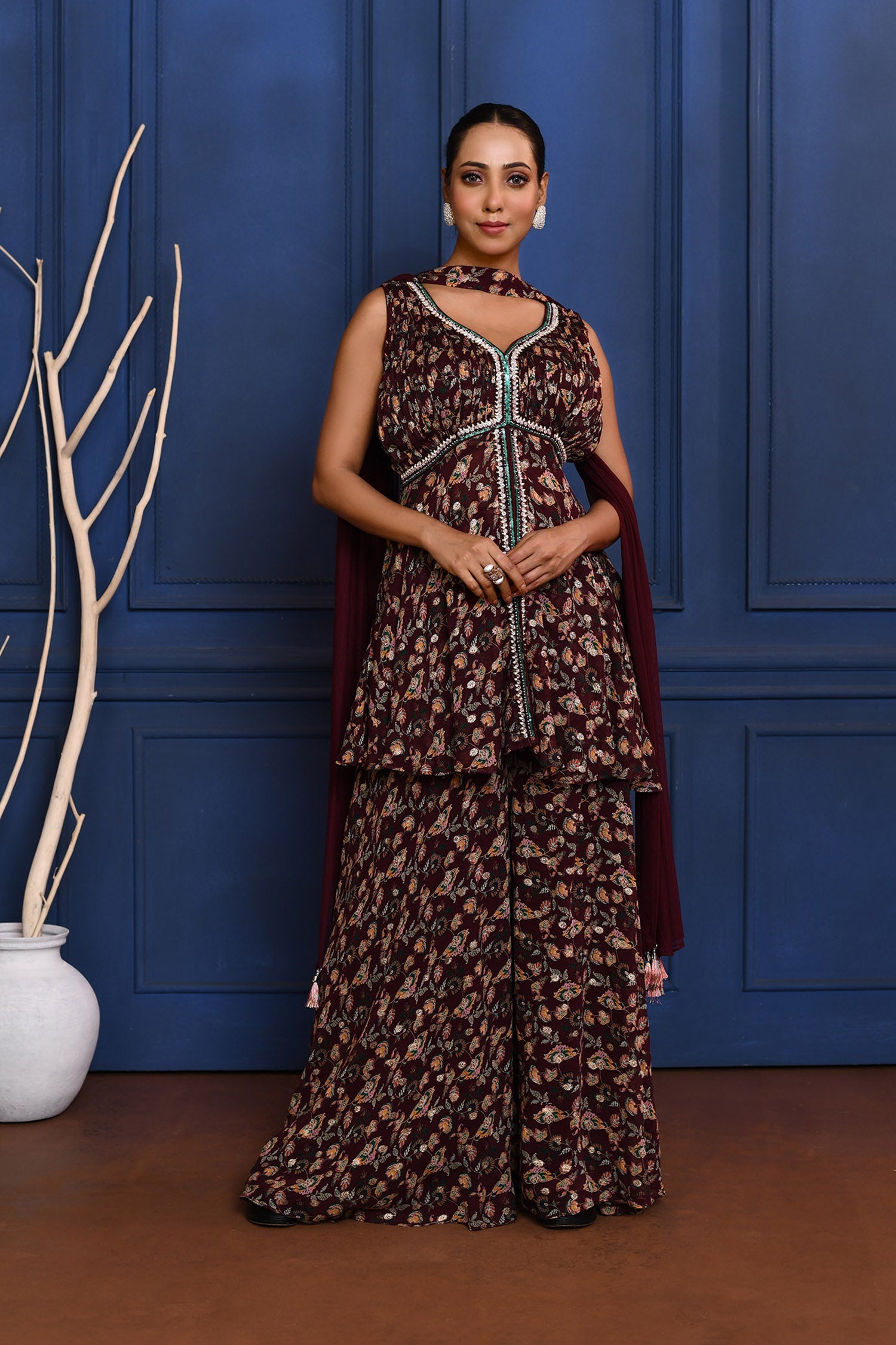 Dark Purple Floral Georgette Peplum Set