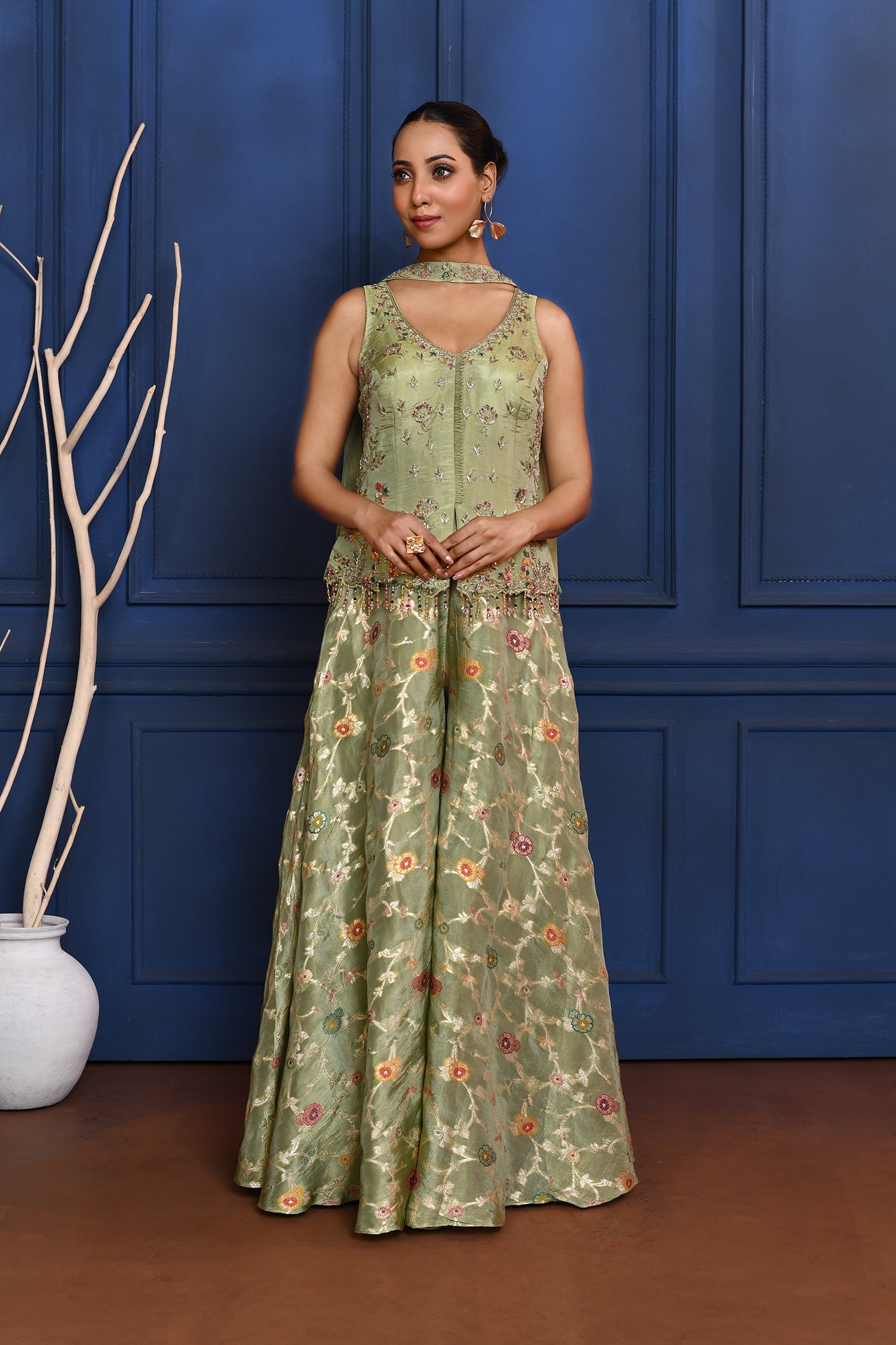 Pastel Green Floral Tissue Indo-Western Set