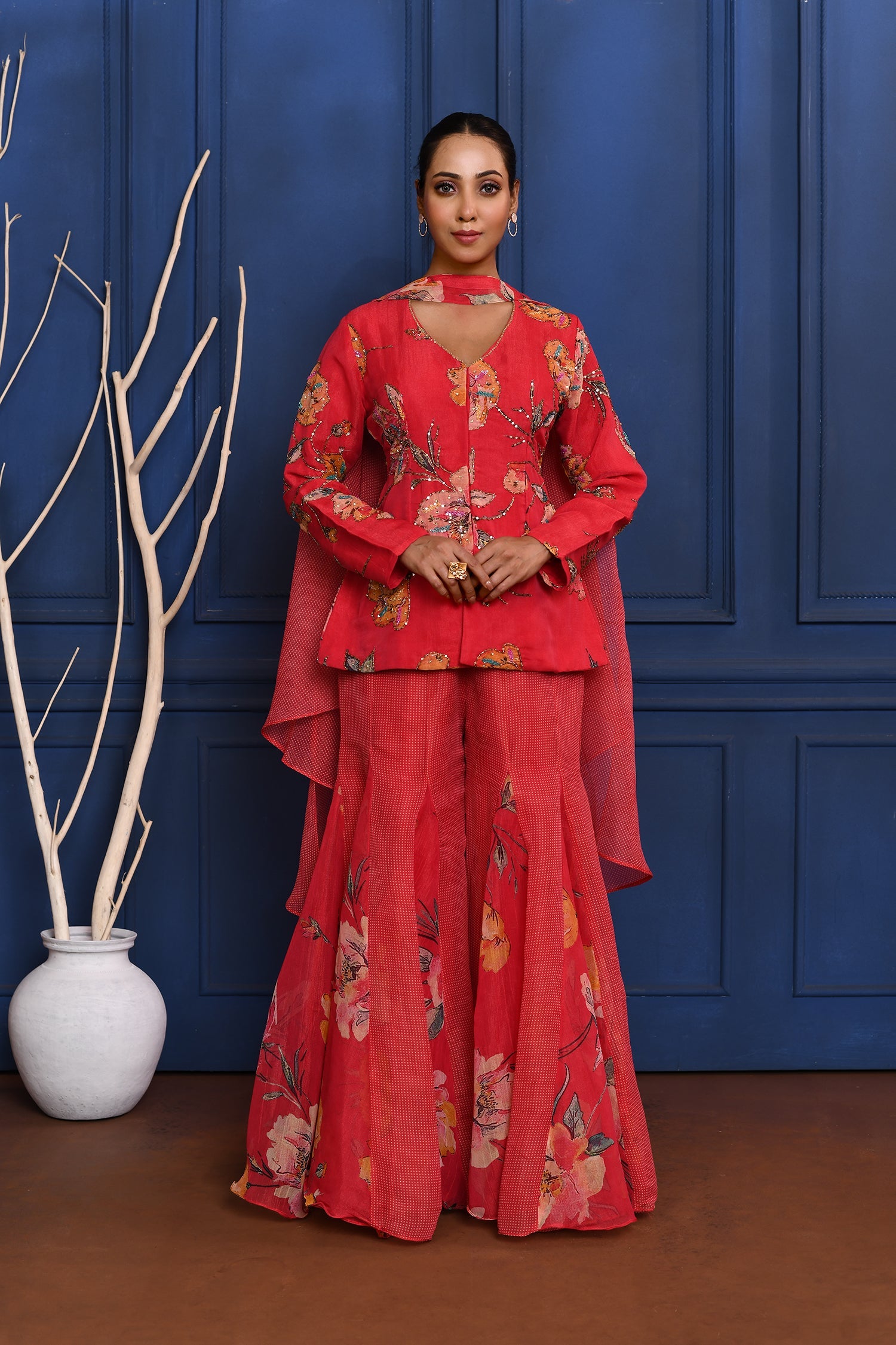 Deep Magenta Pink Floral Tissue Peplum Set