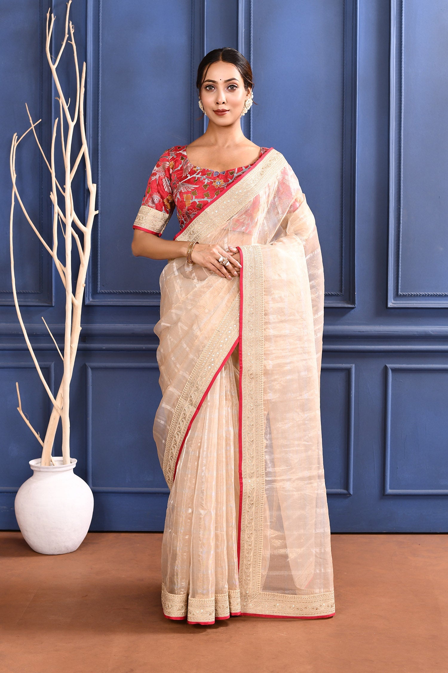 Pale Cream Embroidered Tissue Saree