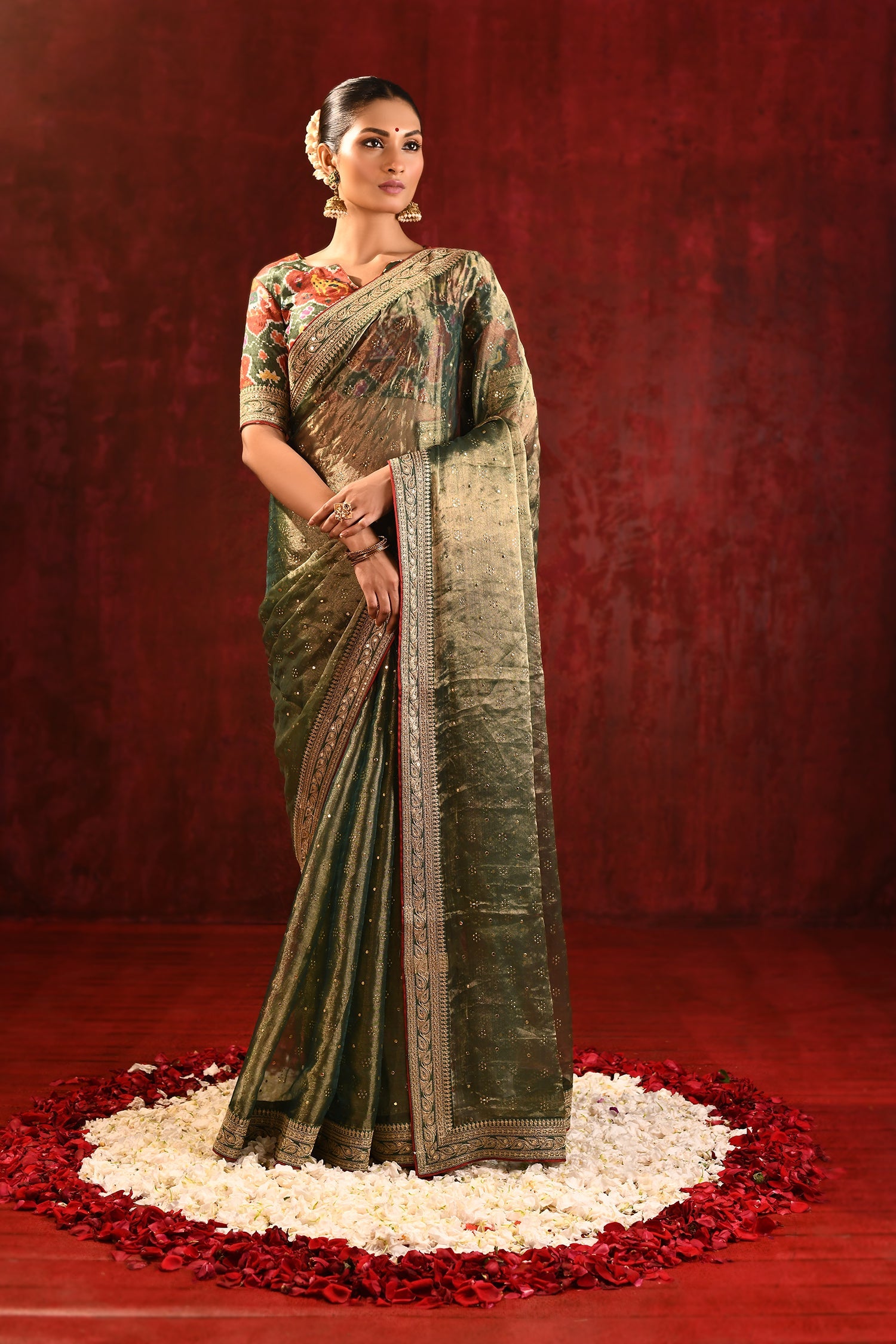 Moss Green Tissue Foil Printed Saree