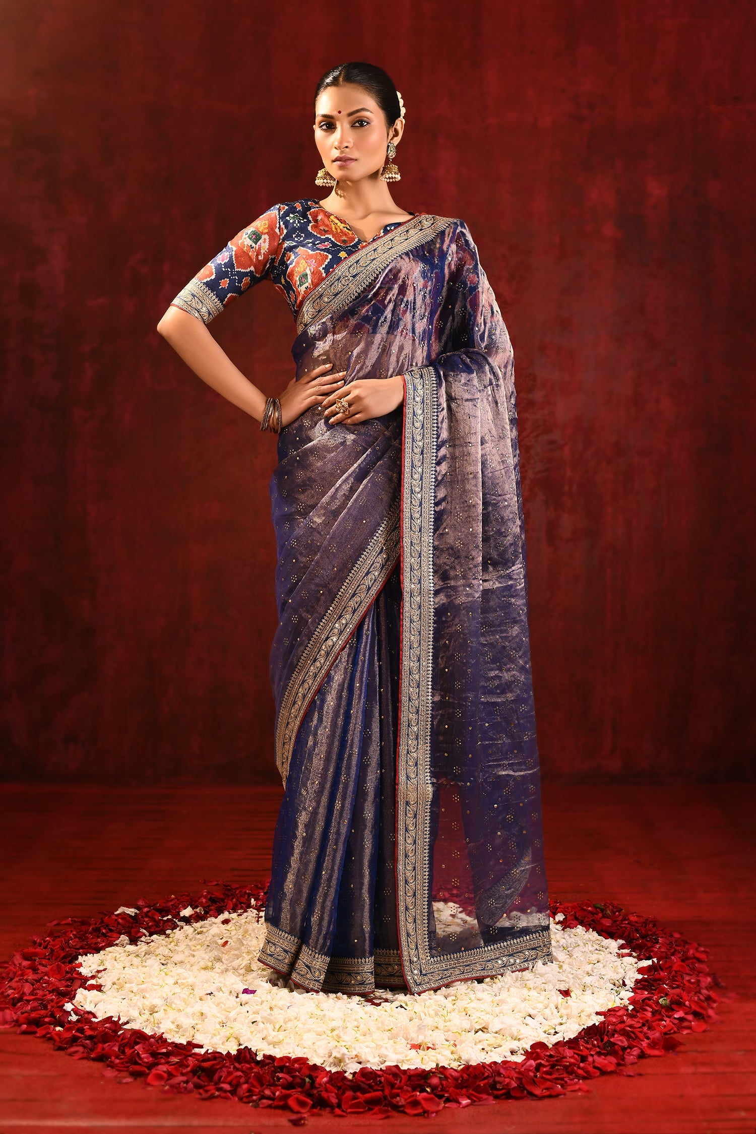 Metallic Blue Tissue Foil Printed Saree
