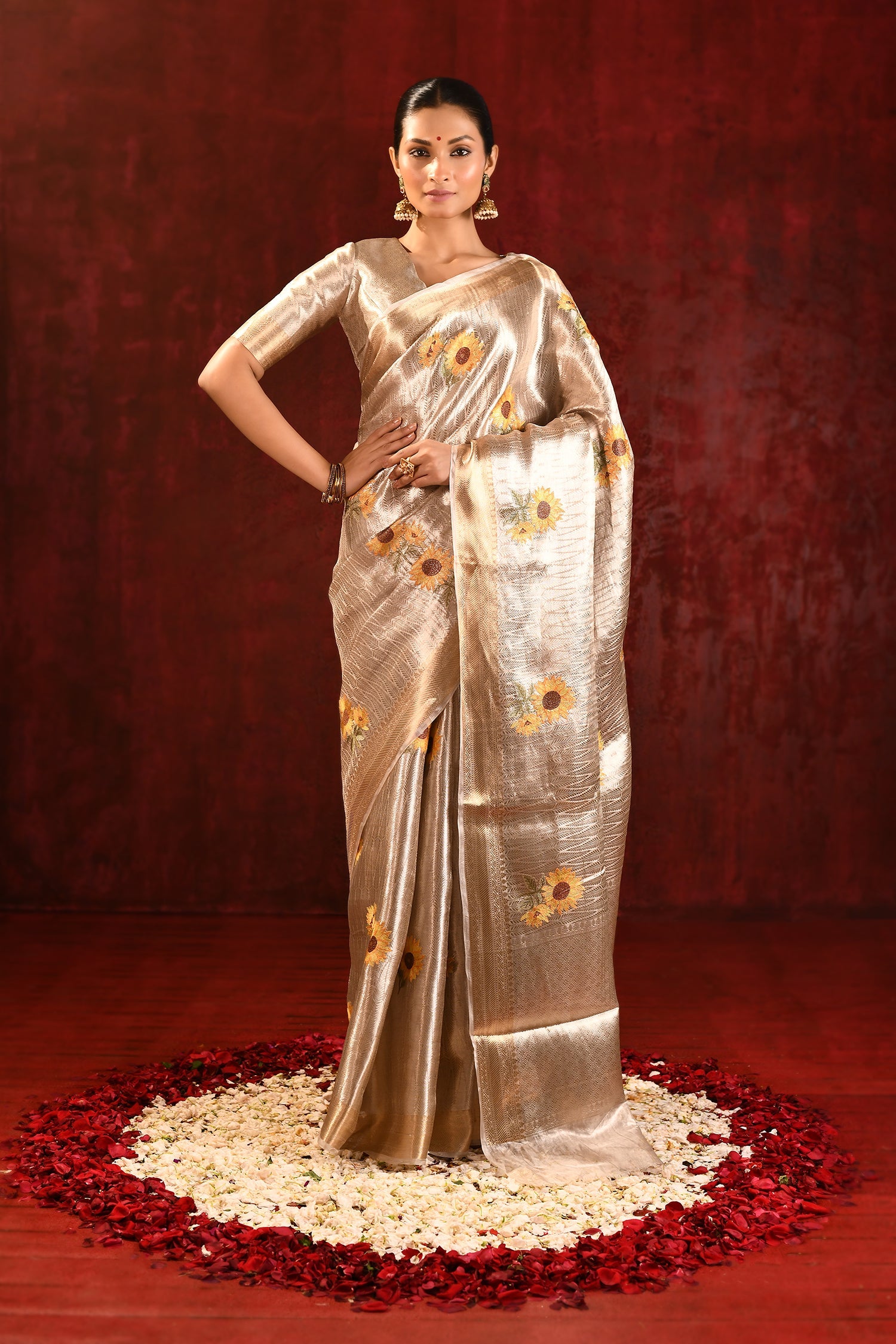 Jewel Gold Sunflower Embroidered Tissue Saree