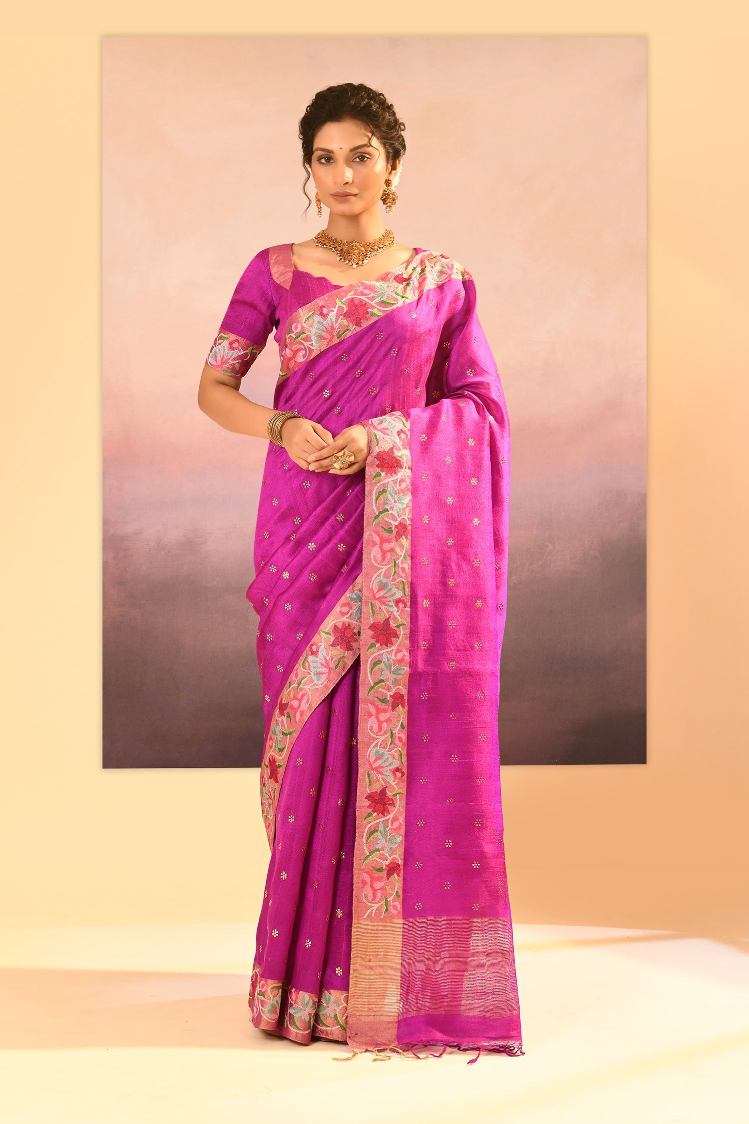 Fuchsia Purple Dupion Silk Foil Printed Saree
