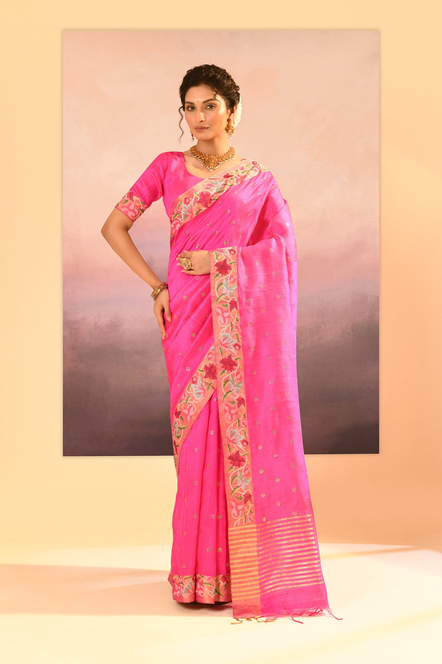 Bright Pink Dupion Silk Foil Printed Saree