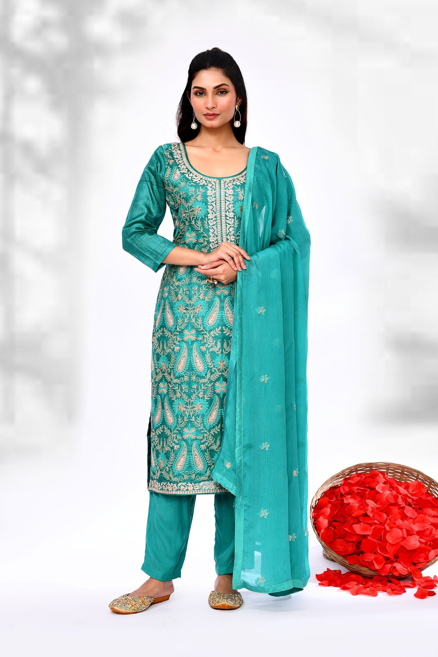 Turquoise Green Raw Silk Thread Work Kurta Set