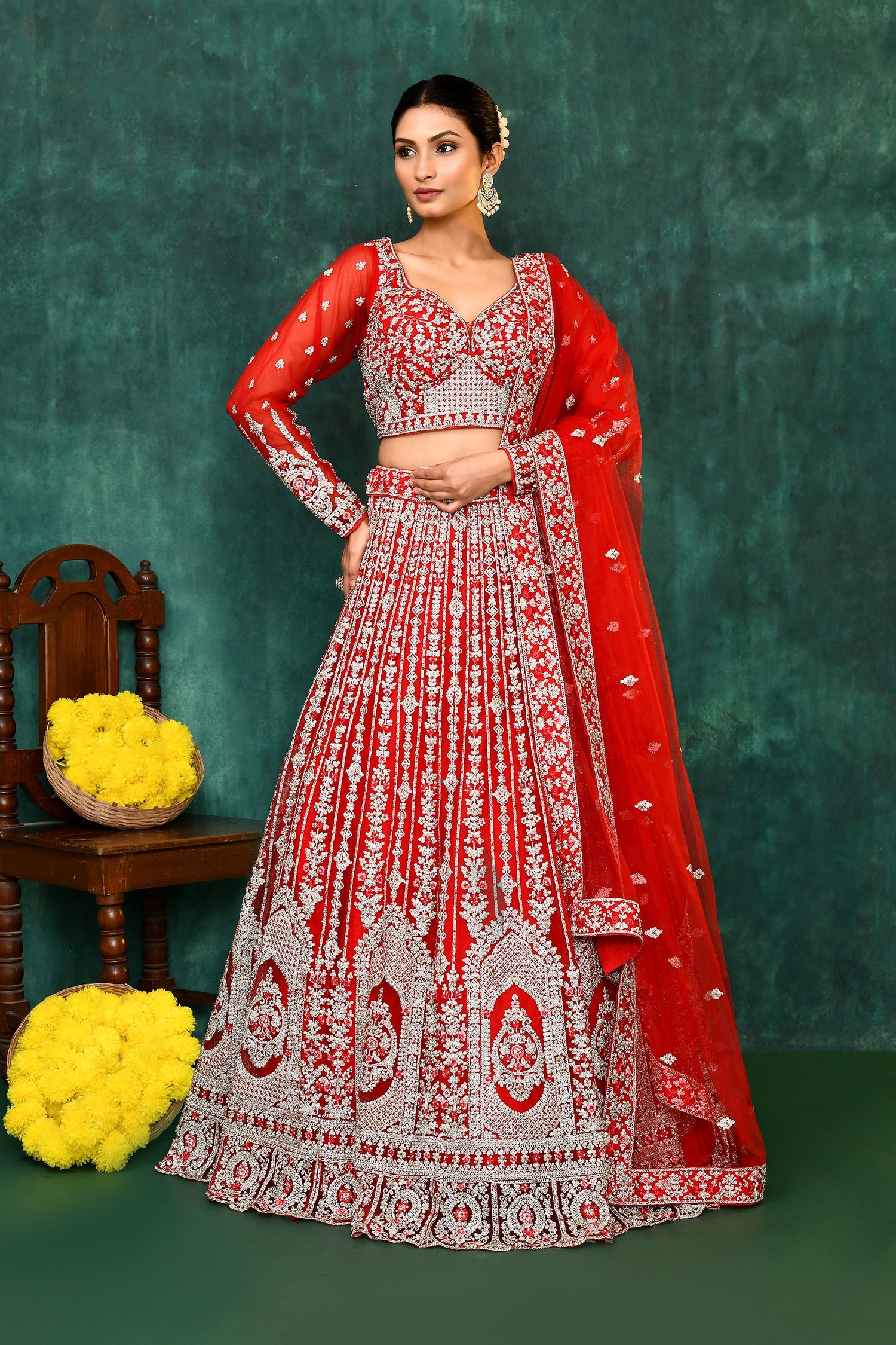 Candy Red Net Embroidered Lehenga Set