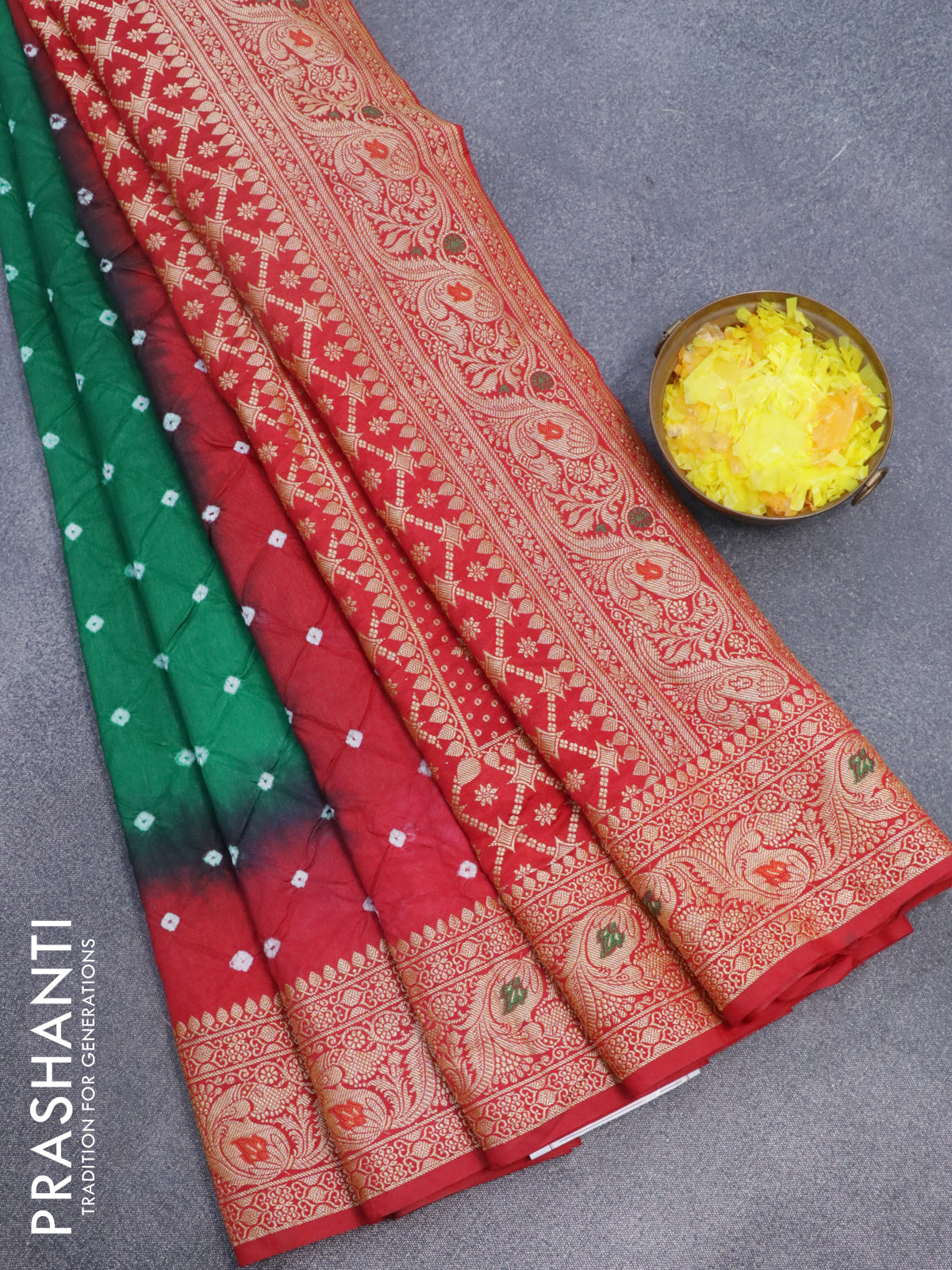 Bandhani saree green and red with allover bandhani prints and banarasi style border