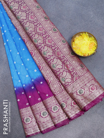 Bandhani saree cs blue and purple with allover bandhani prints and banarasi style border