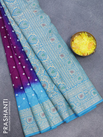 Bandhani saree purple and light blue with allover bandhani prints and banarasi style border