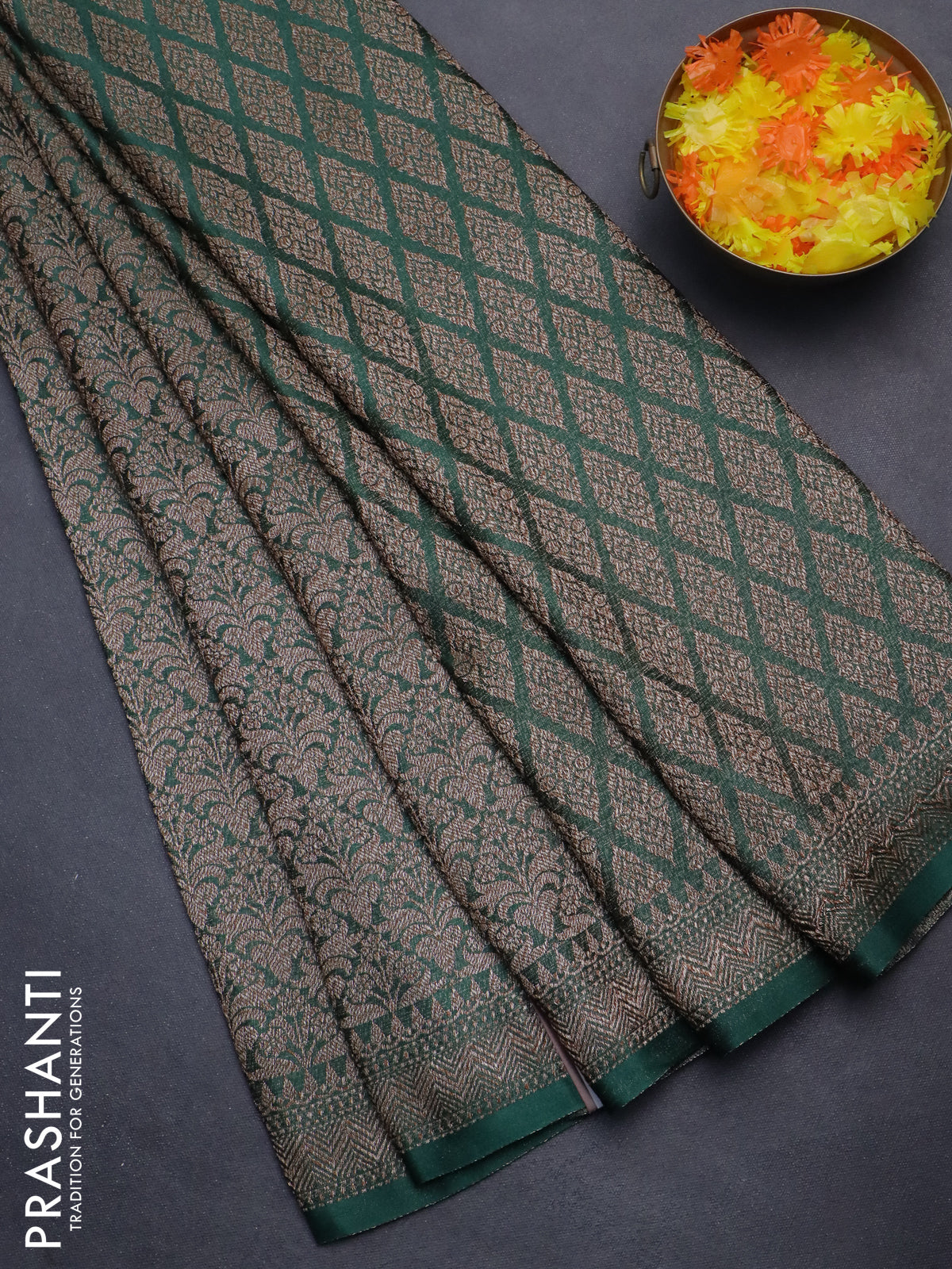 Banarasi semi crepe saree dark green with allover thread & zari woven brocade weaves and woven border