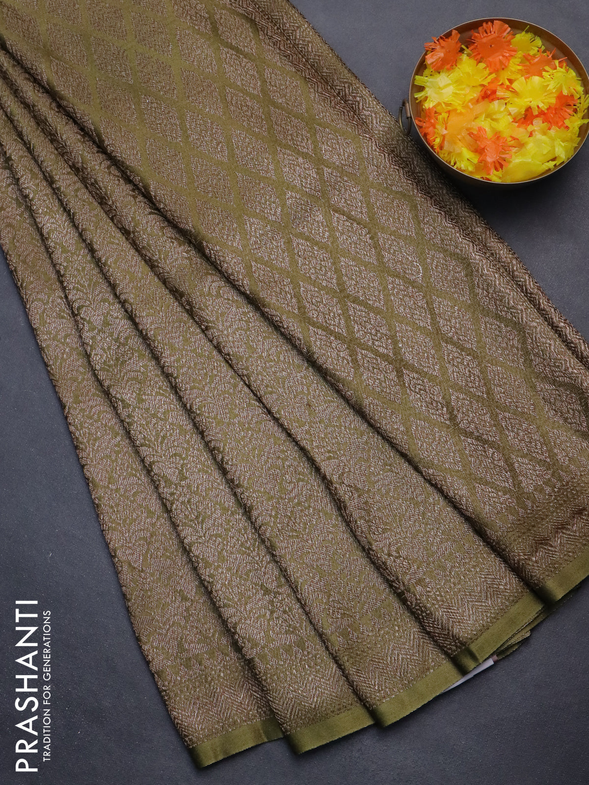 Banarasi semi crepe saree mehendi green with allover thread & zari woven brocade weaves and woven border