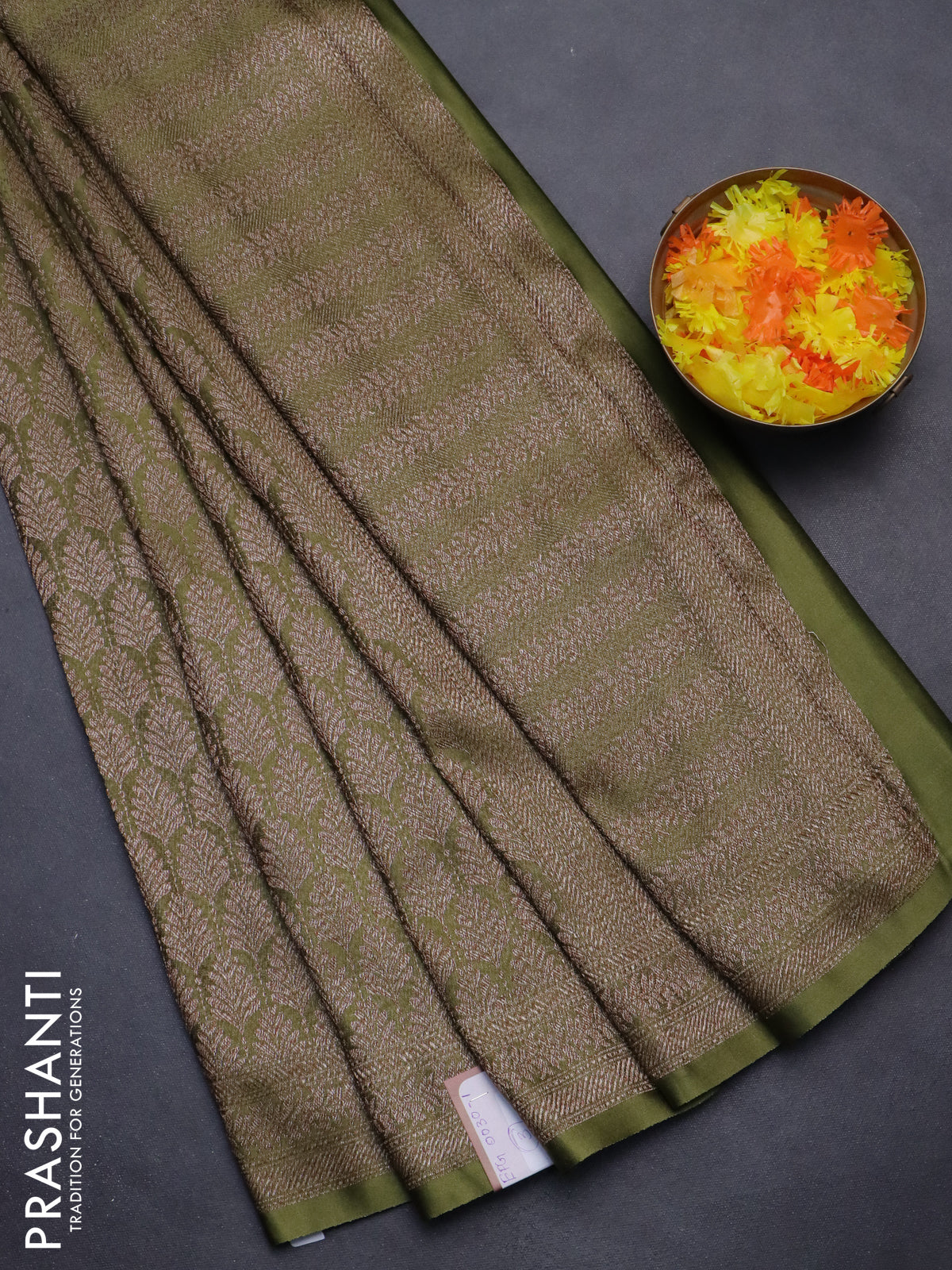 Banarasi semi crepe saree mehendi green with allover thread & zari woven brocade weaves and woven border