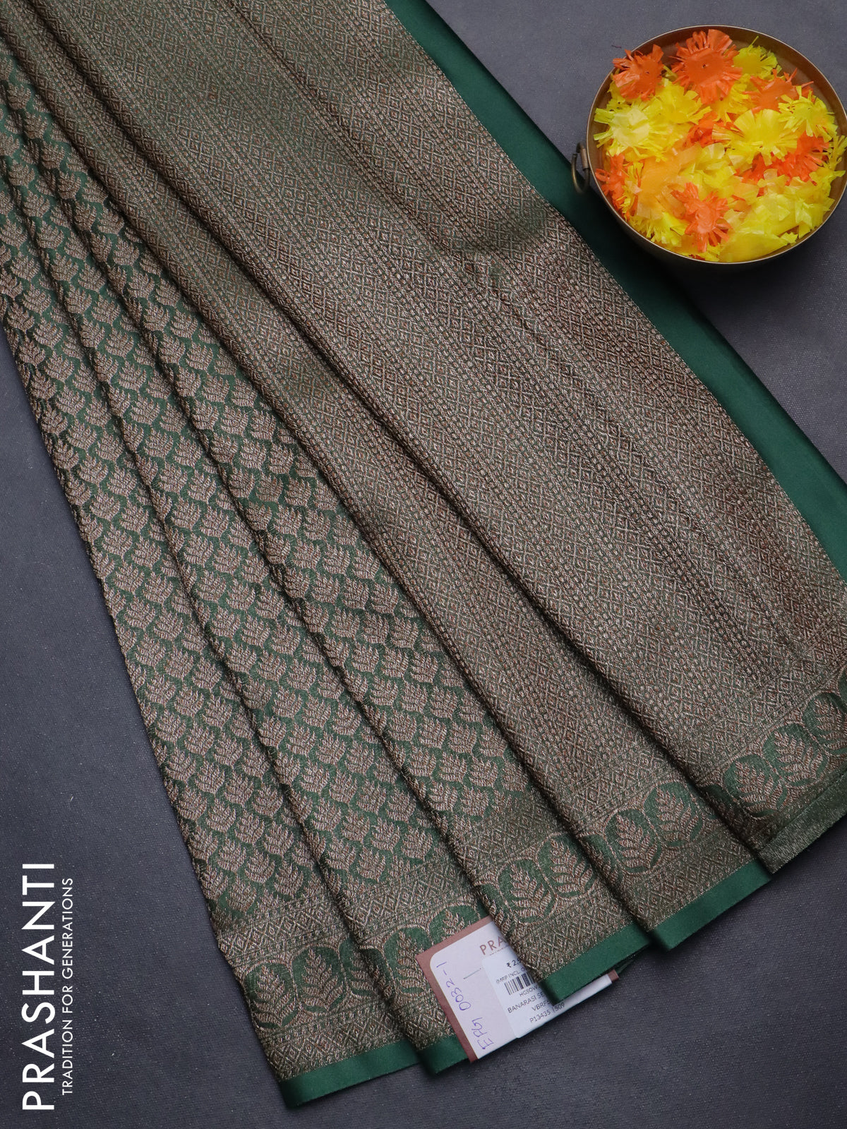Banarasi semi crepe saree dark green with allover thread & zari woven brocade weaves and woven border
