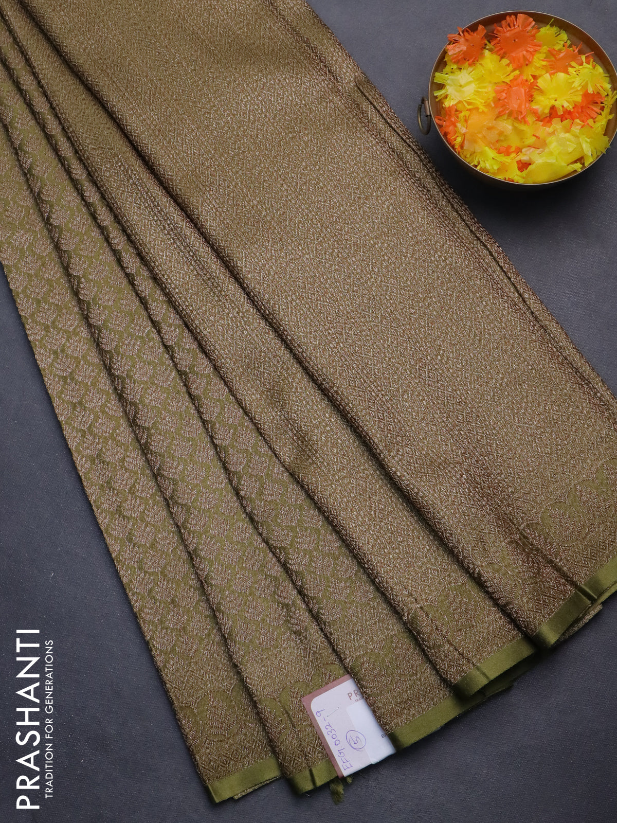 Banarasi semi crepe saree mehendi green with allover thread & zari woven brocade weaves and woven border