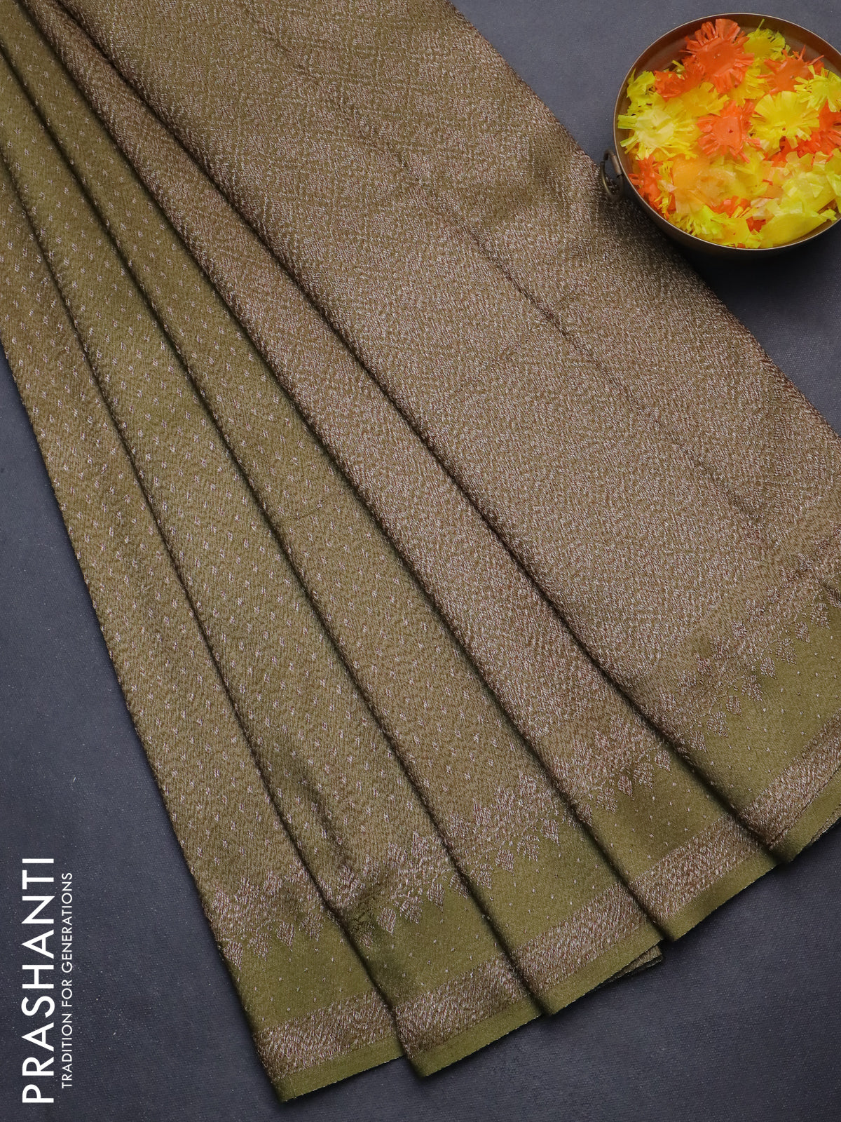 Banarasi semi crepe saree mehendi green with allover thread & zari woven butta weaves and woven border