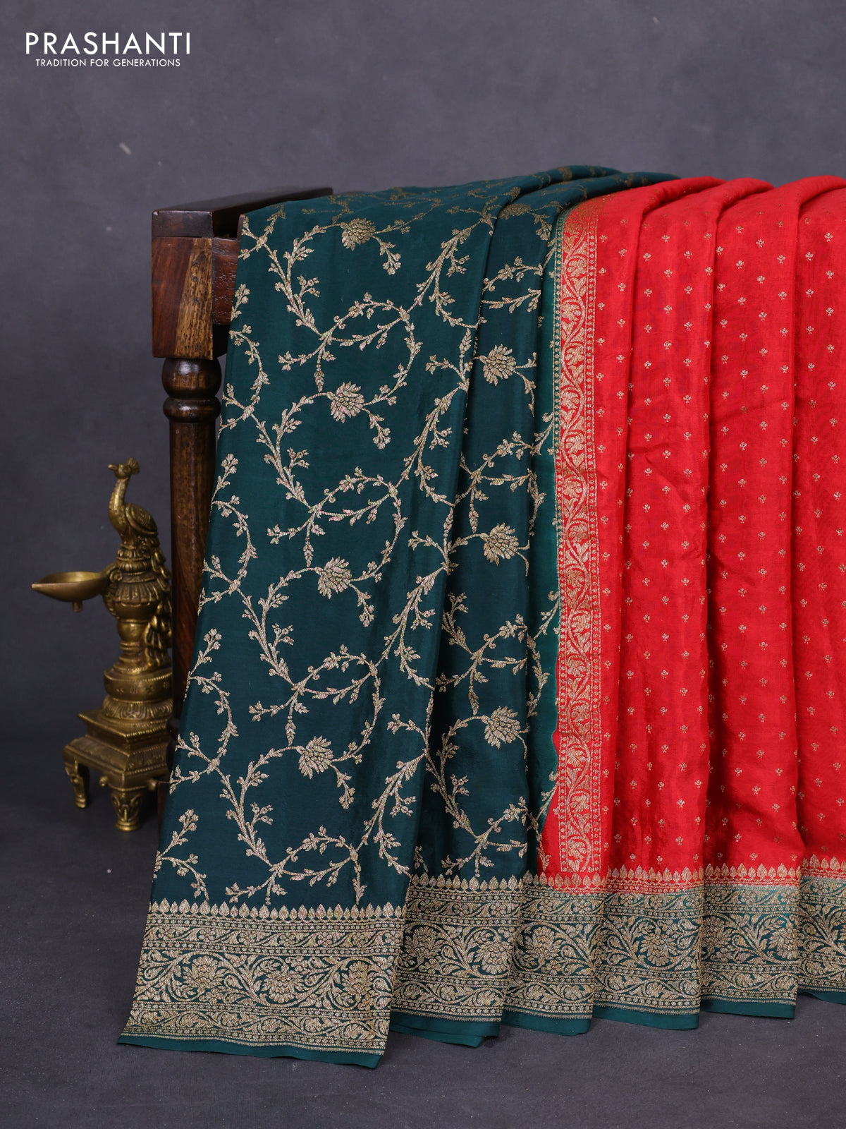 Banarasi crepe partly saree red and dark green with allover thread & zari woven butta weaves and woven border