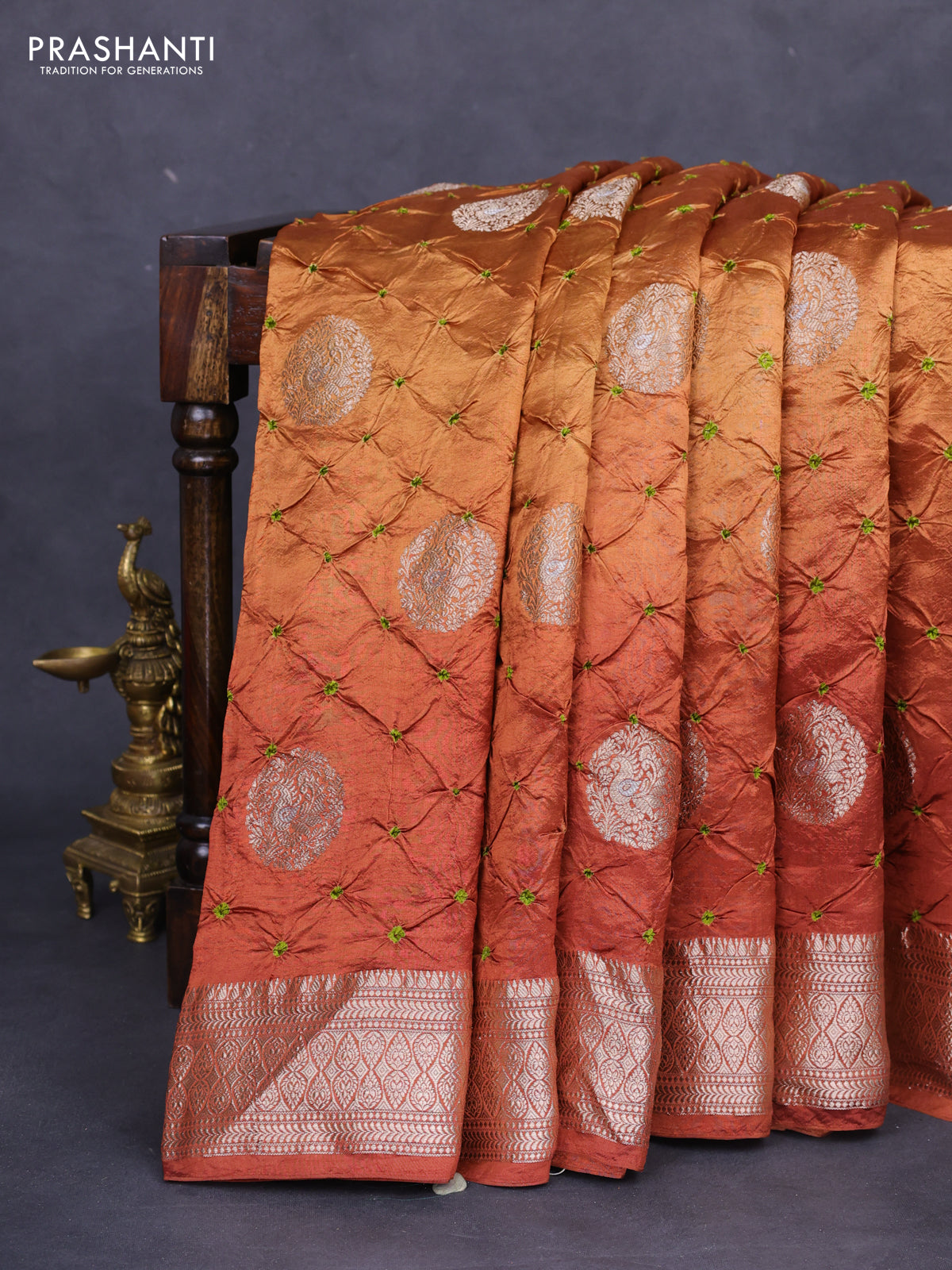 Chiniya silk saree brown with allover zari buttas & bandhini prints and zari woven border