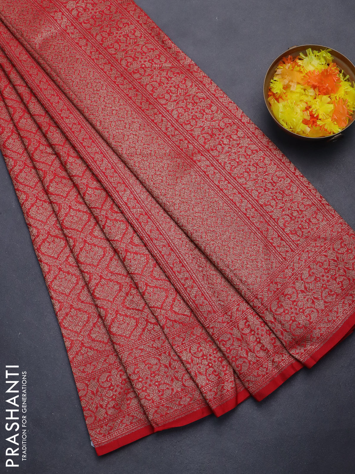 Banarasi semi silk saree red with allover thread & zari weaves and woven border