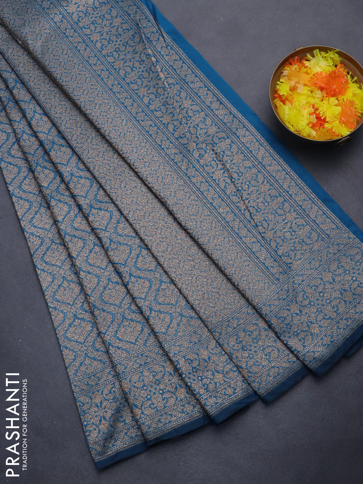 Banarasi semi silk saree cs blue with allover thread & zari weaves and woven border