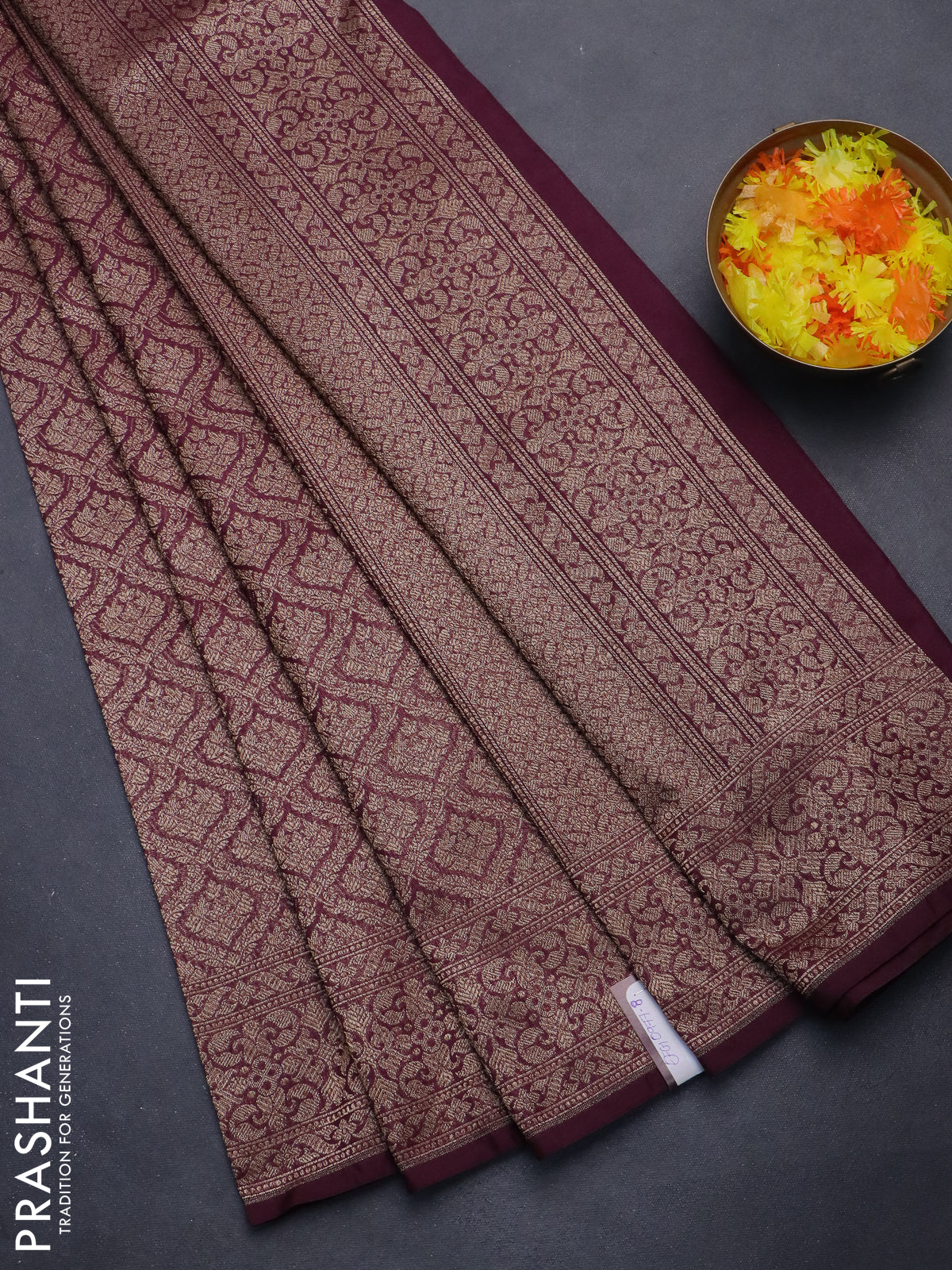 Banarasi semi silk saree wine shade with allover thread & zari weaves and woven border