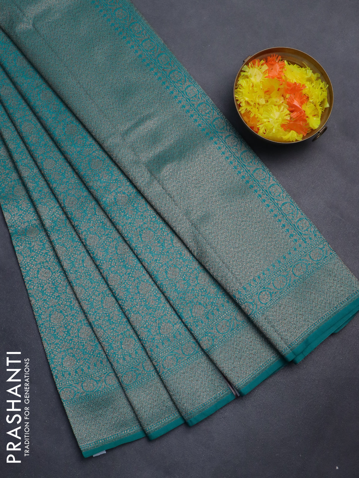 Banarasi semi silk saree teal green with allover thread & zari weaves and woven border