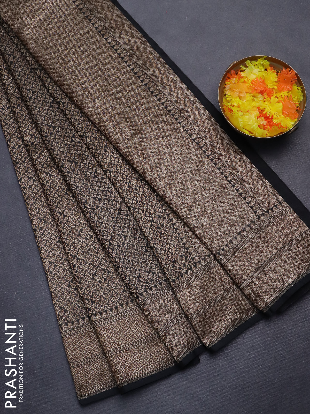 Banarasi semi silk saree black with allover thread & zari weaves and woven border
