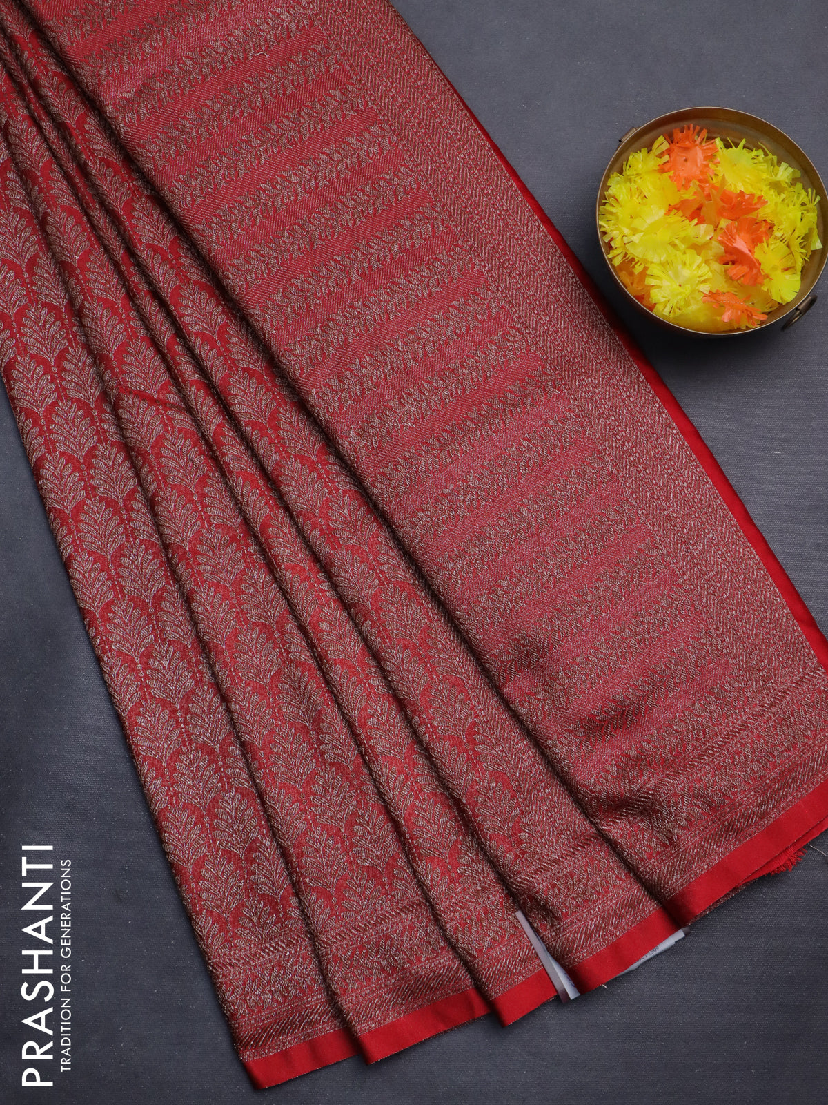 Banarasi semi silk saree red with allover thread & zari weaves and woven border