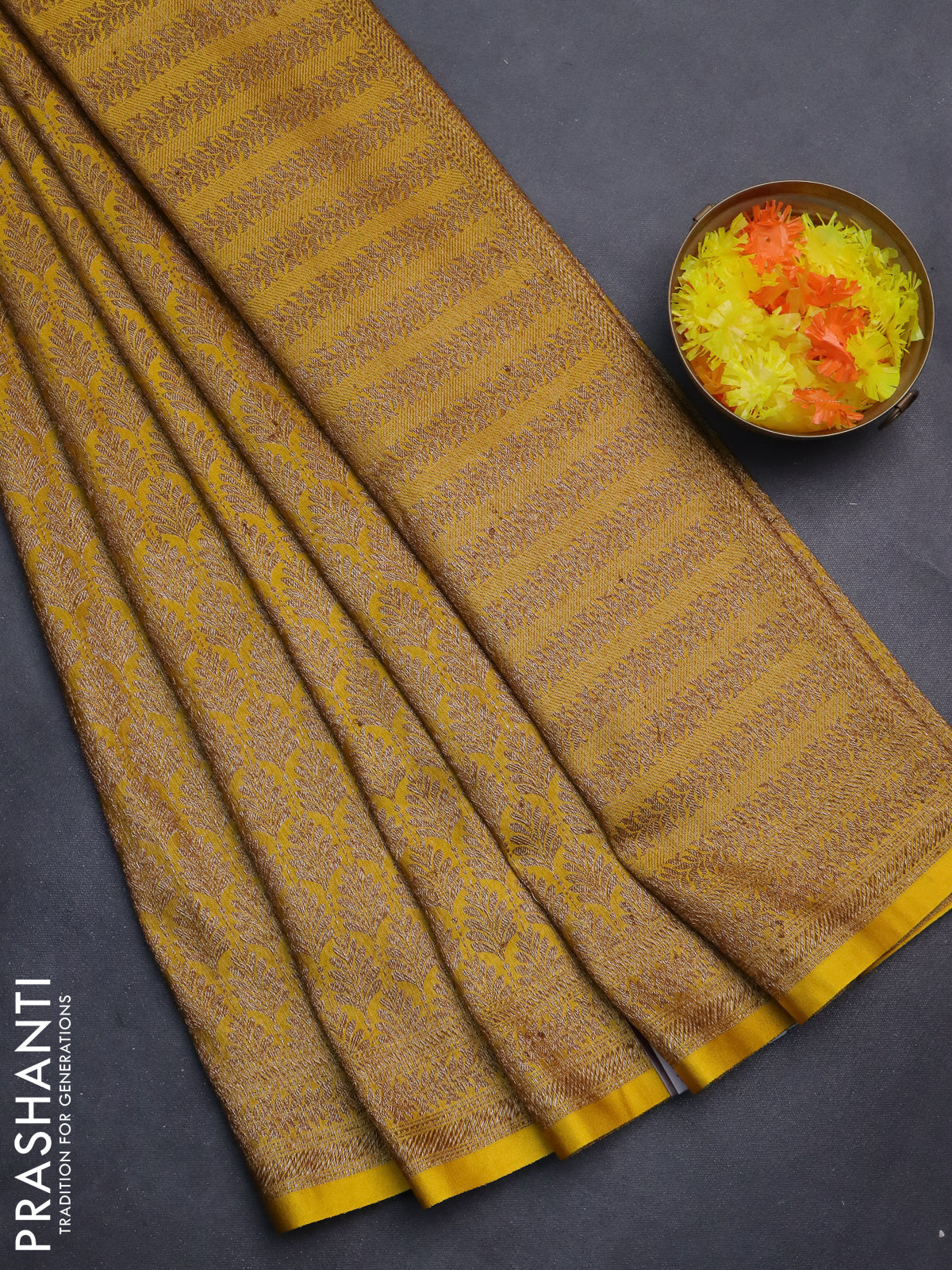 Banarasi semi silk saree yellow with allover thread & zari weaves and woven border