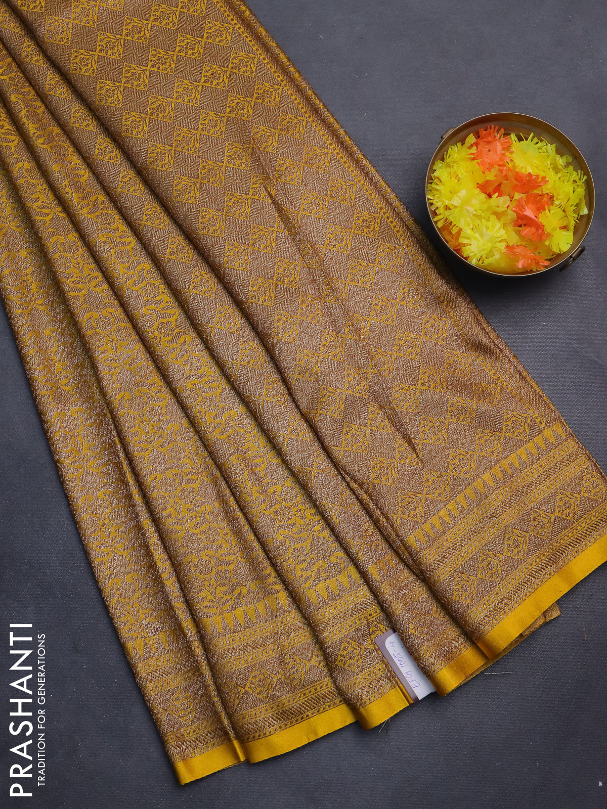 Banarasi semi silk saree yellow with allover thread & zari weaves and woven border